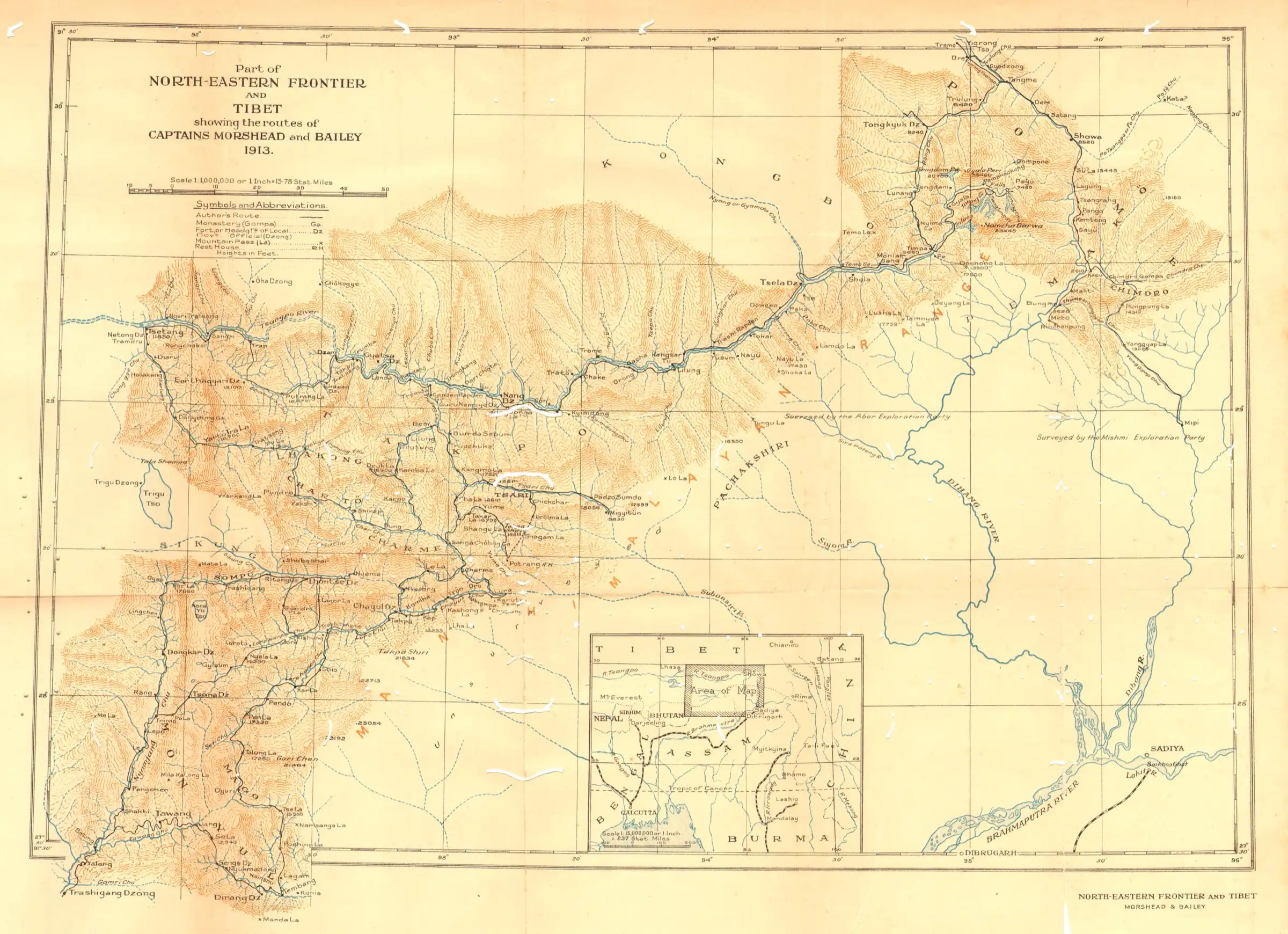 Old 1913 survey map of the North-East Frontier and Tibet drawn by Morshead and Bailey, showing the route they explored