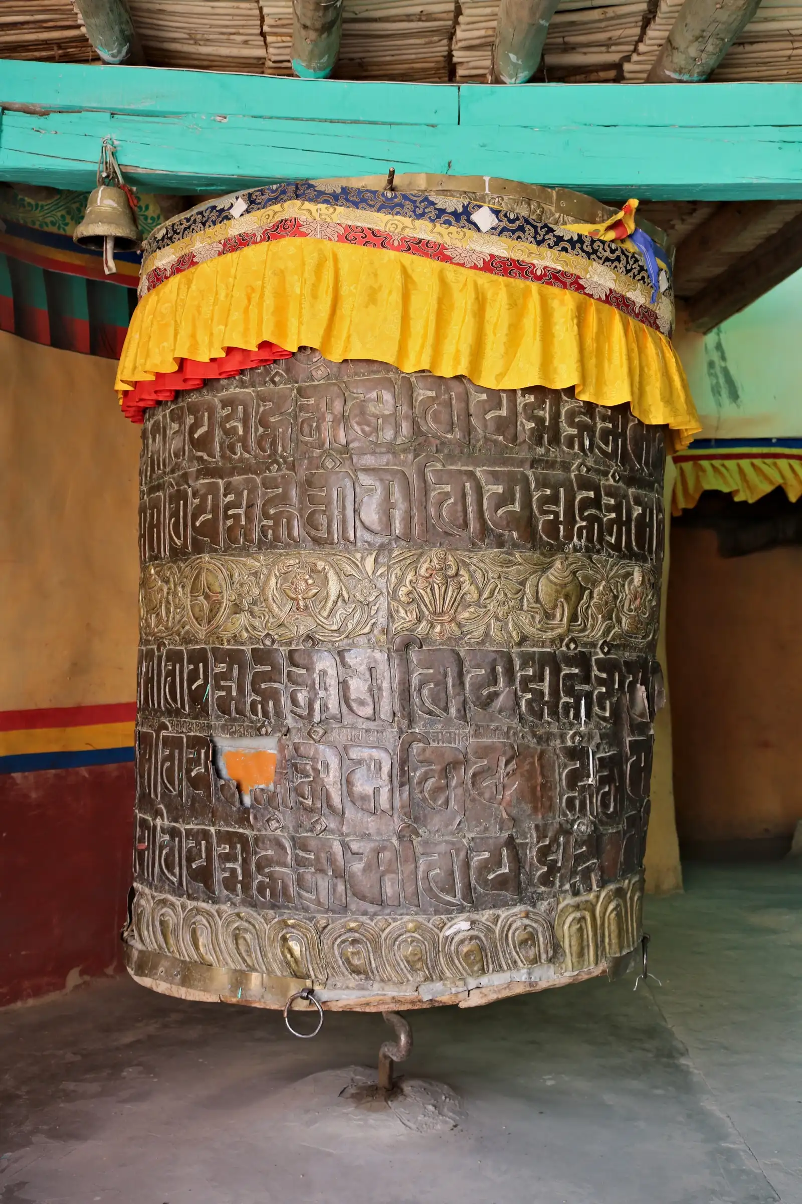 Large prayer wheel inside Bardan Gompa, the monastery near the trek's finish point in Zanskar (not the trek itself)