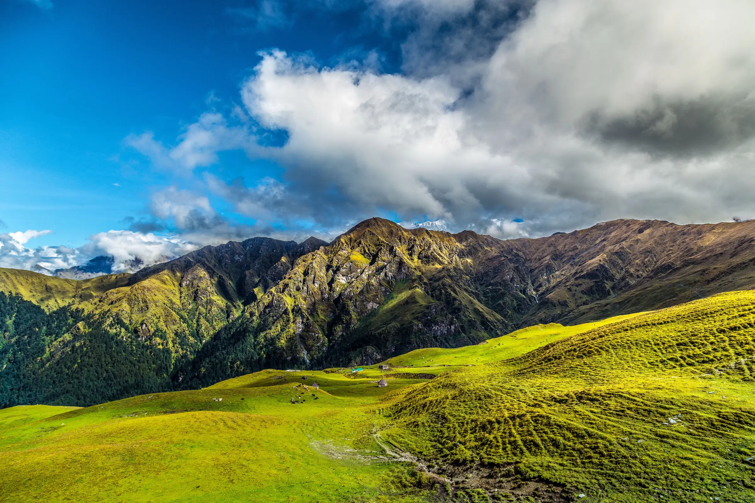 Rolling green Bedni Bugyal meadow below a rocky ridge, with a few tents on the grass and clouds over the peaks