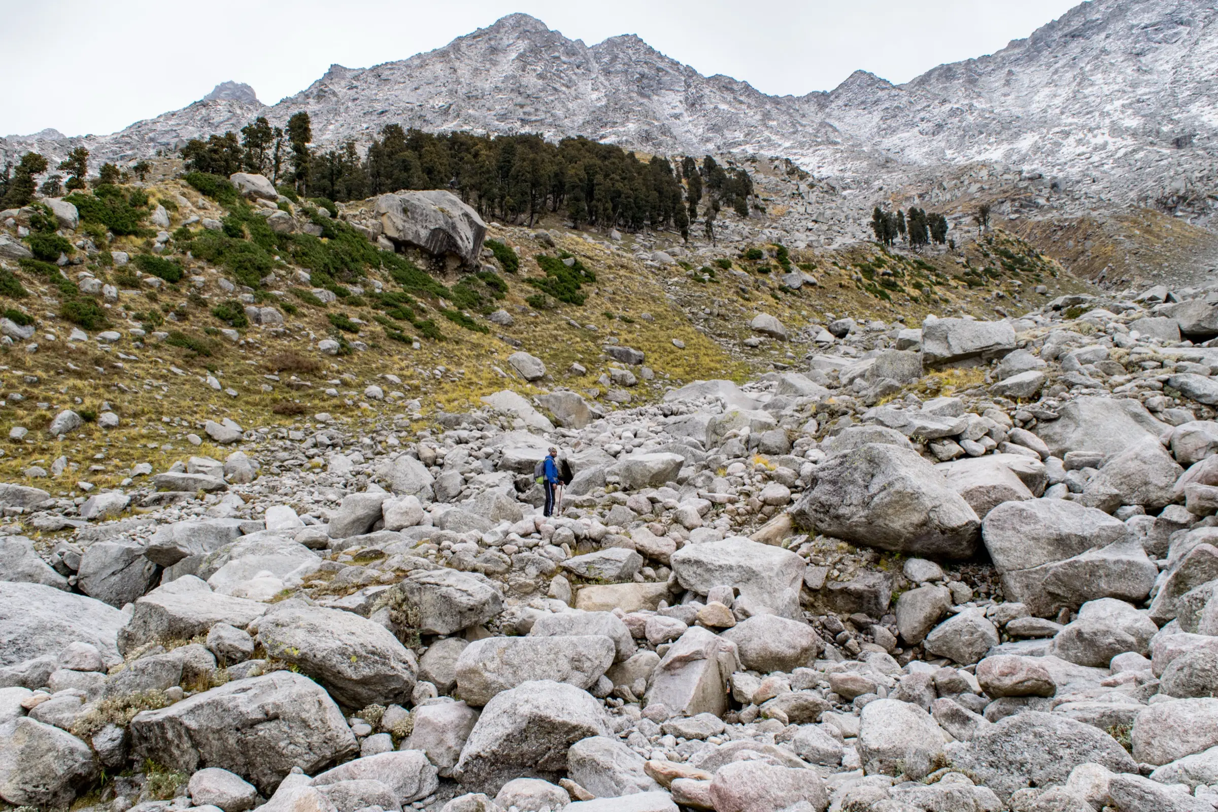 A trekker crossing a field of large granite boulders above Laka Got on the way to Indrahar Pass, with conifers and snowy ridges behind