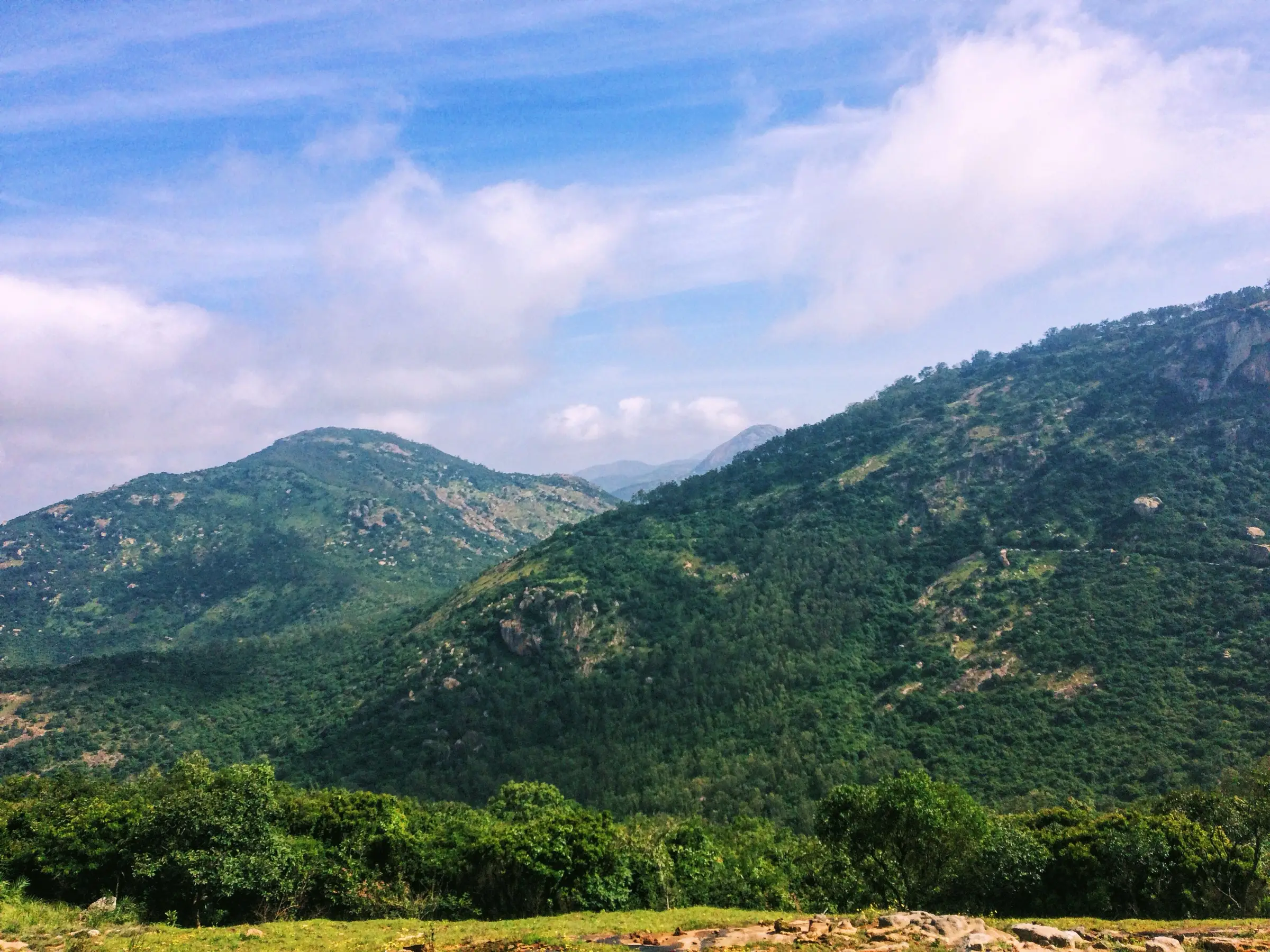 Green, scrub-covered slopes of the Brahmagiri hills near Devanahalli, a neighbouring hill of the Nandi range near the Dibbagiri trek (not Dibbagiri itself)