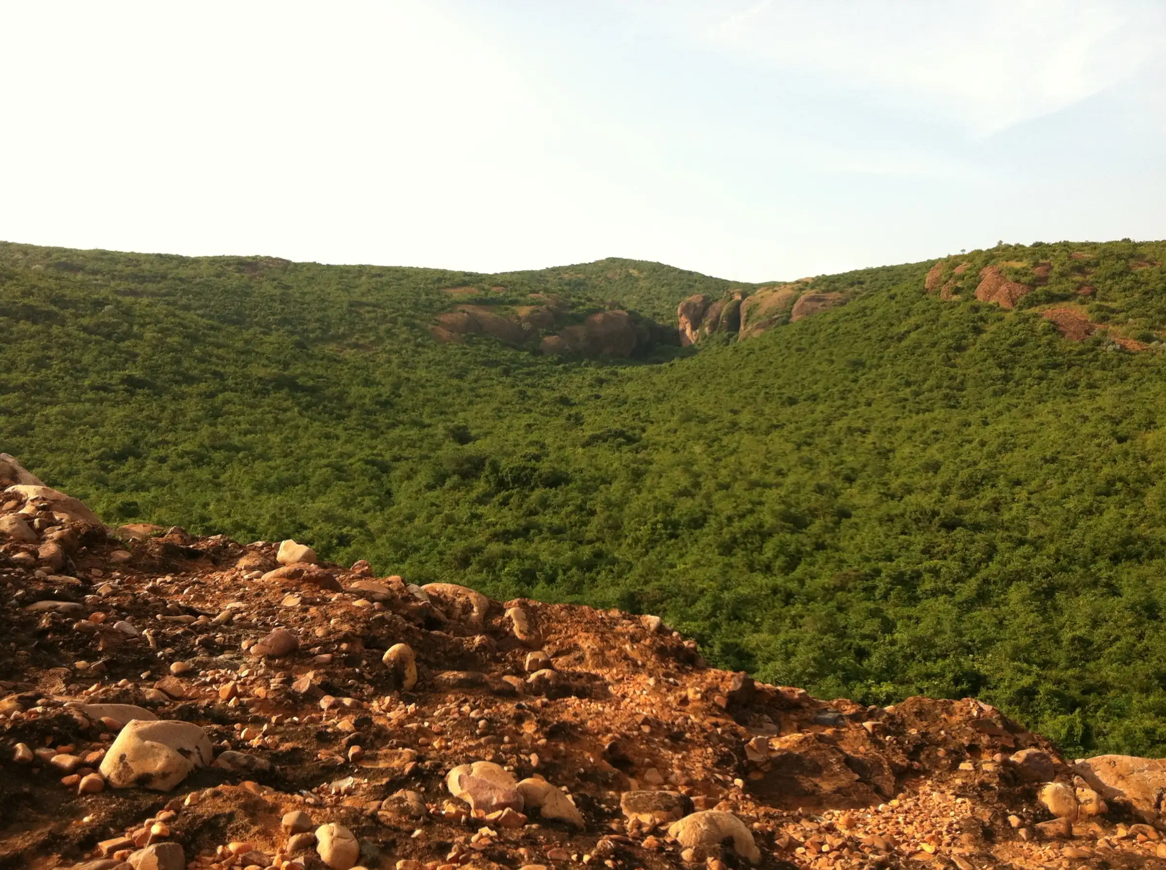 Forest-covered Allikuzhi hills seen from rocky ground above Gudiyam, with the reddish rock outcrops of the cave gorge in the distance