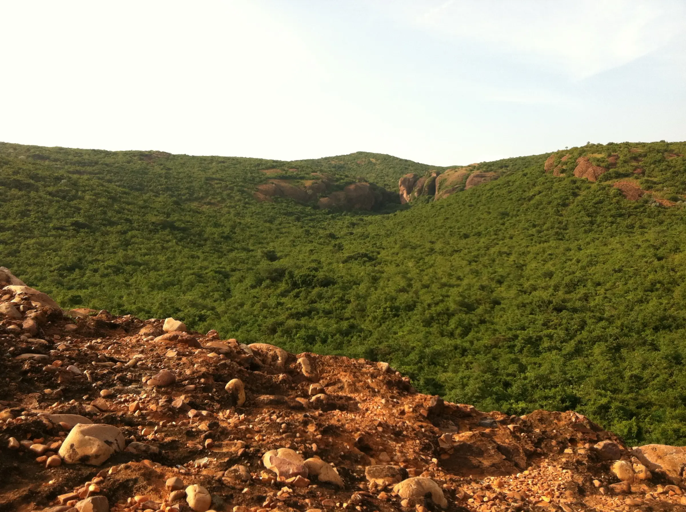 Forest-covered Allikuzhi hills seen from rocky ground above Gudiyam, with the reddish rock outcrops of the cave gorge in the distance