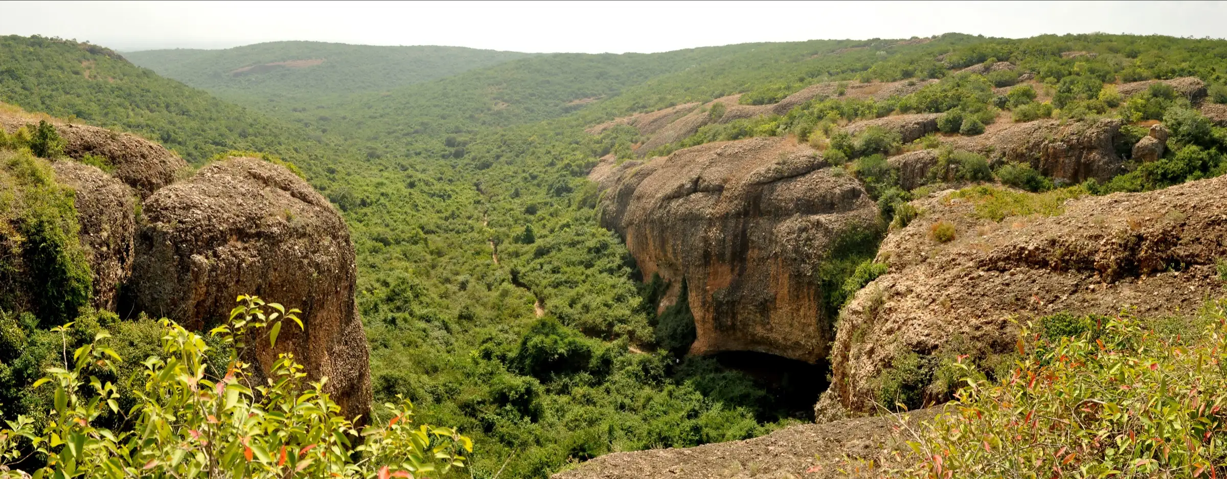 Panorama from above the Gudiyam rock shelters: weathered conglomerate cliffs with a cave overhang, a forest trail and wooded hills beyond