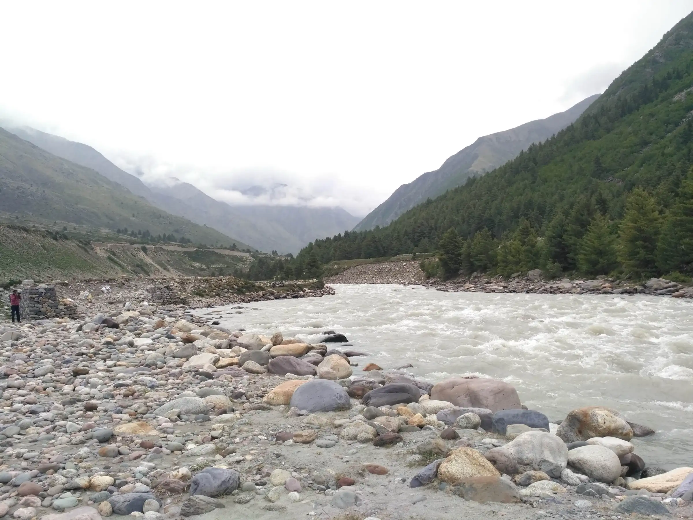 The Baspa river rushing over boulders at Chitkul, the village where the trek ends, with forested slopes and cloud