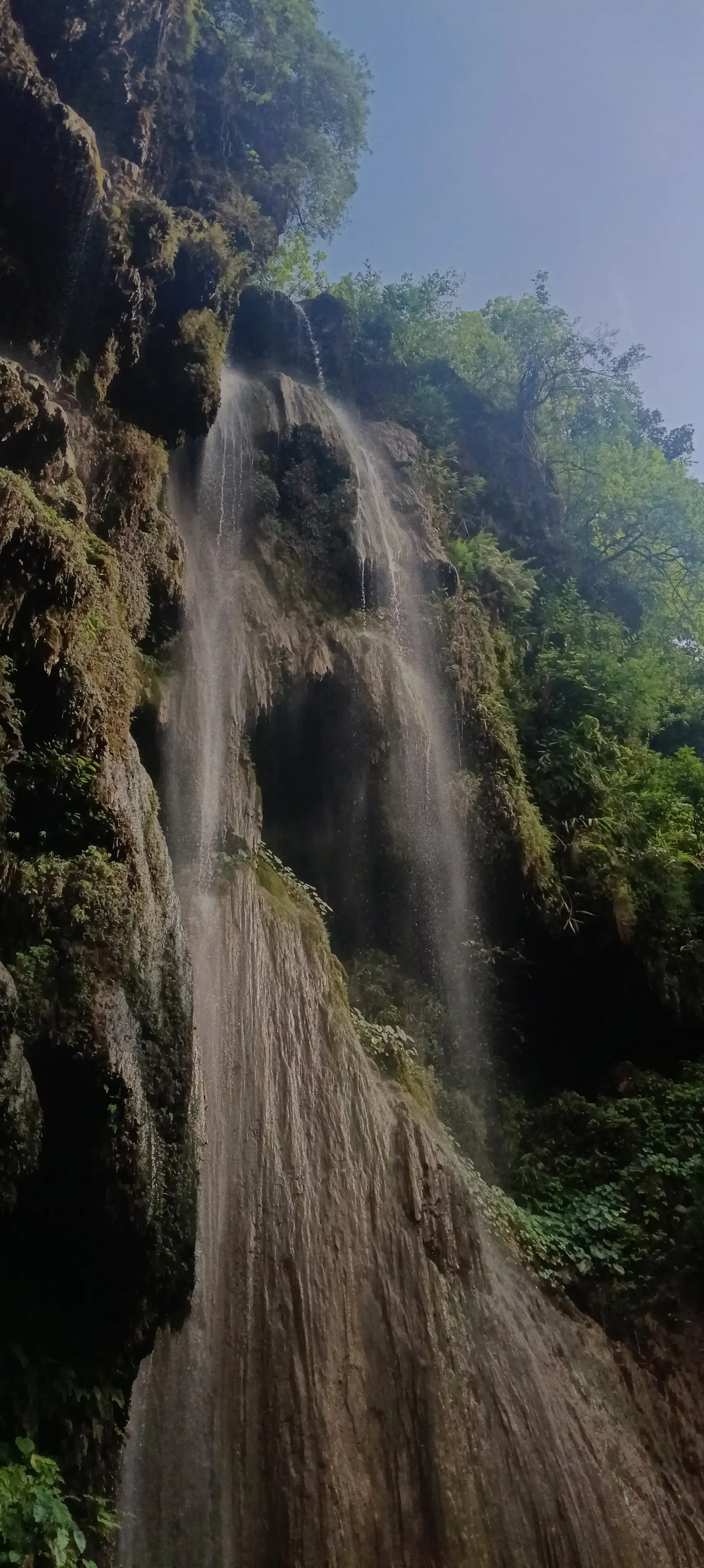 Looking up at Patna Waterfall spreading over moss-covered limestone with forest at the top of the cliff