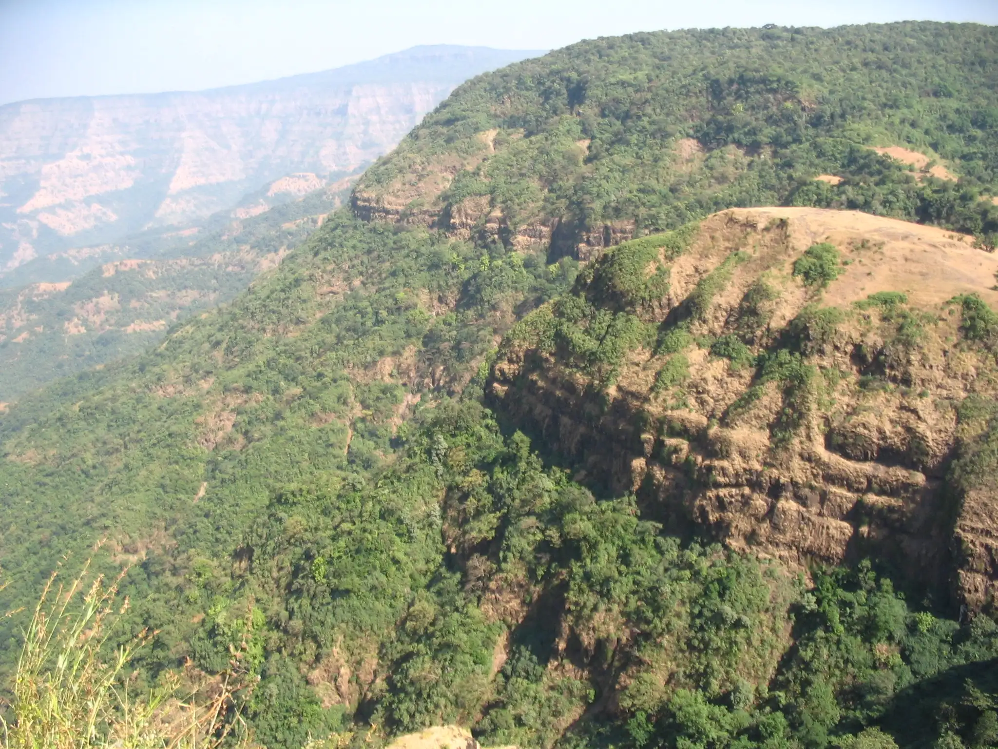 Forested cliffs and a bare rock spur falling away from Vishalgad towards the Konkan
