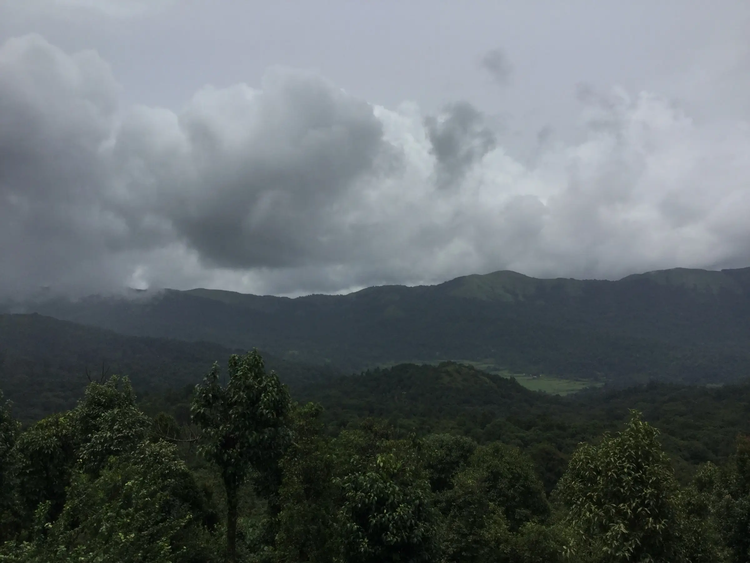 Forested ridges of the Talakaveri hills under monsoon clouds, the area where the Nishani Motte trek begins (not the trail itself)