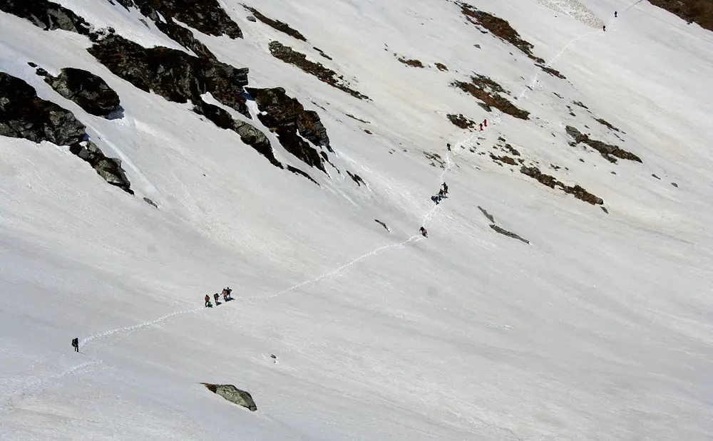 A line of trekkers crossing a wide snow slope on the way over Sar Pass