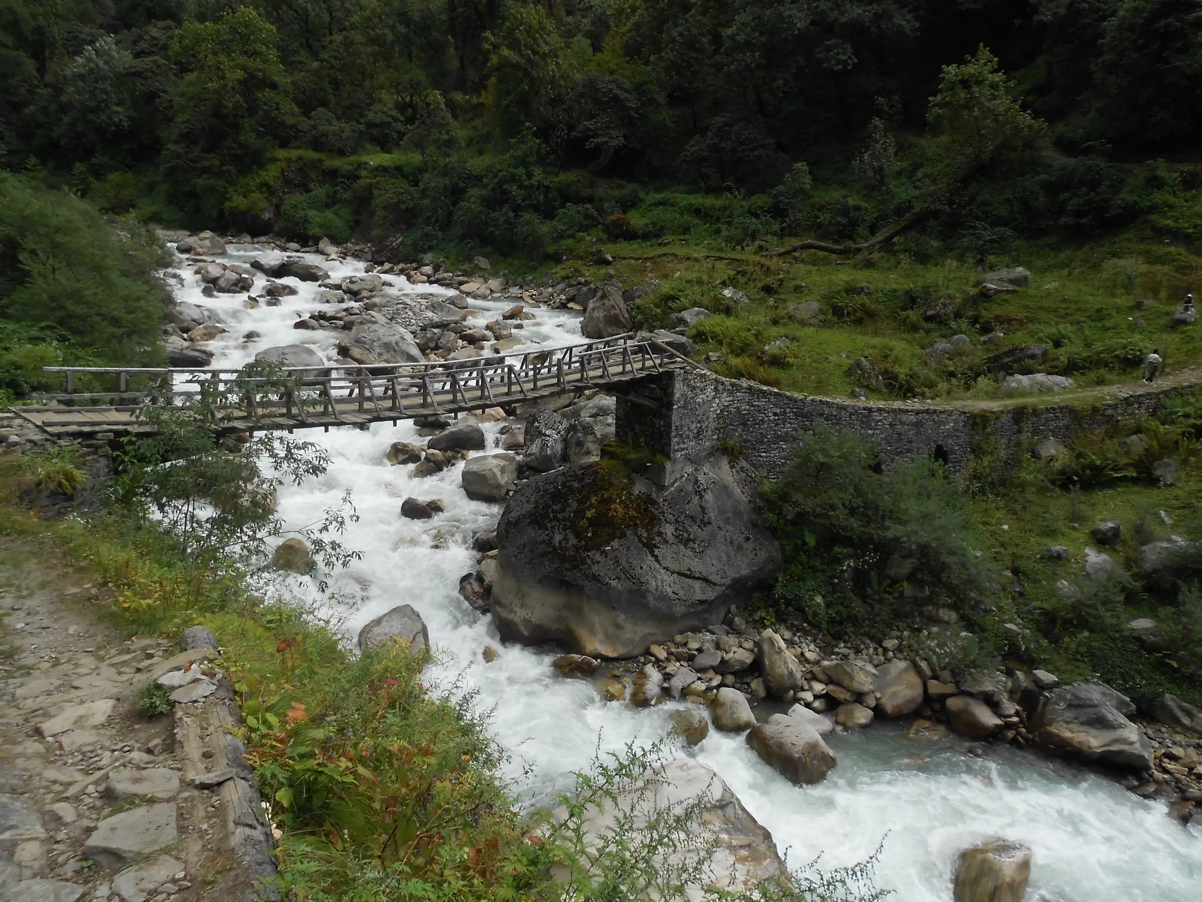 Wooden footbridge on a stone wall over the foaming Pindar river near Dwali, with oak forest on the far bank