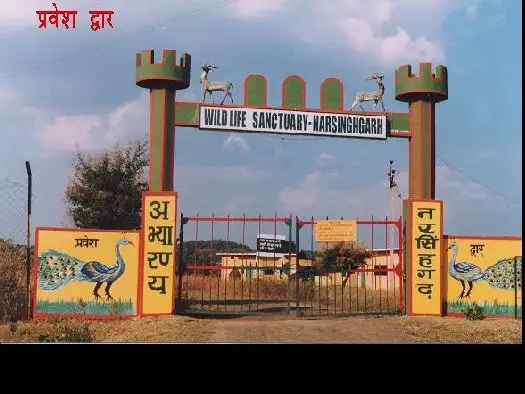Painted entrance gate of Narsinghgarh Wildlife Sanctuary with deer statues and peacock murals under a cloudy sky