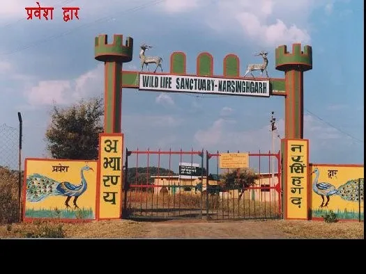 Painted entrance gate of Narsinghgarh Wildlife Sanctuary with deer statues and peacock murals under a cloudy sky