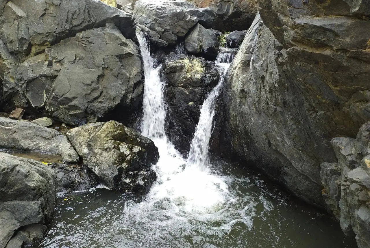 Amirthi Falls splitting into two white streams between dark boulders into a pool