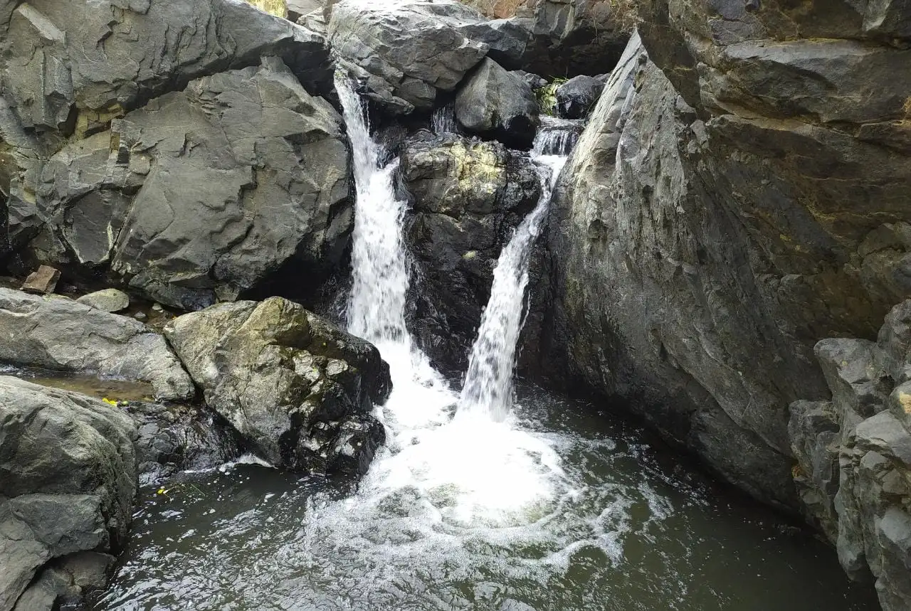 Amirthi Falls splitting into two white streams between dark boulders into a pool
