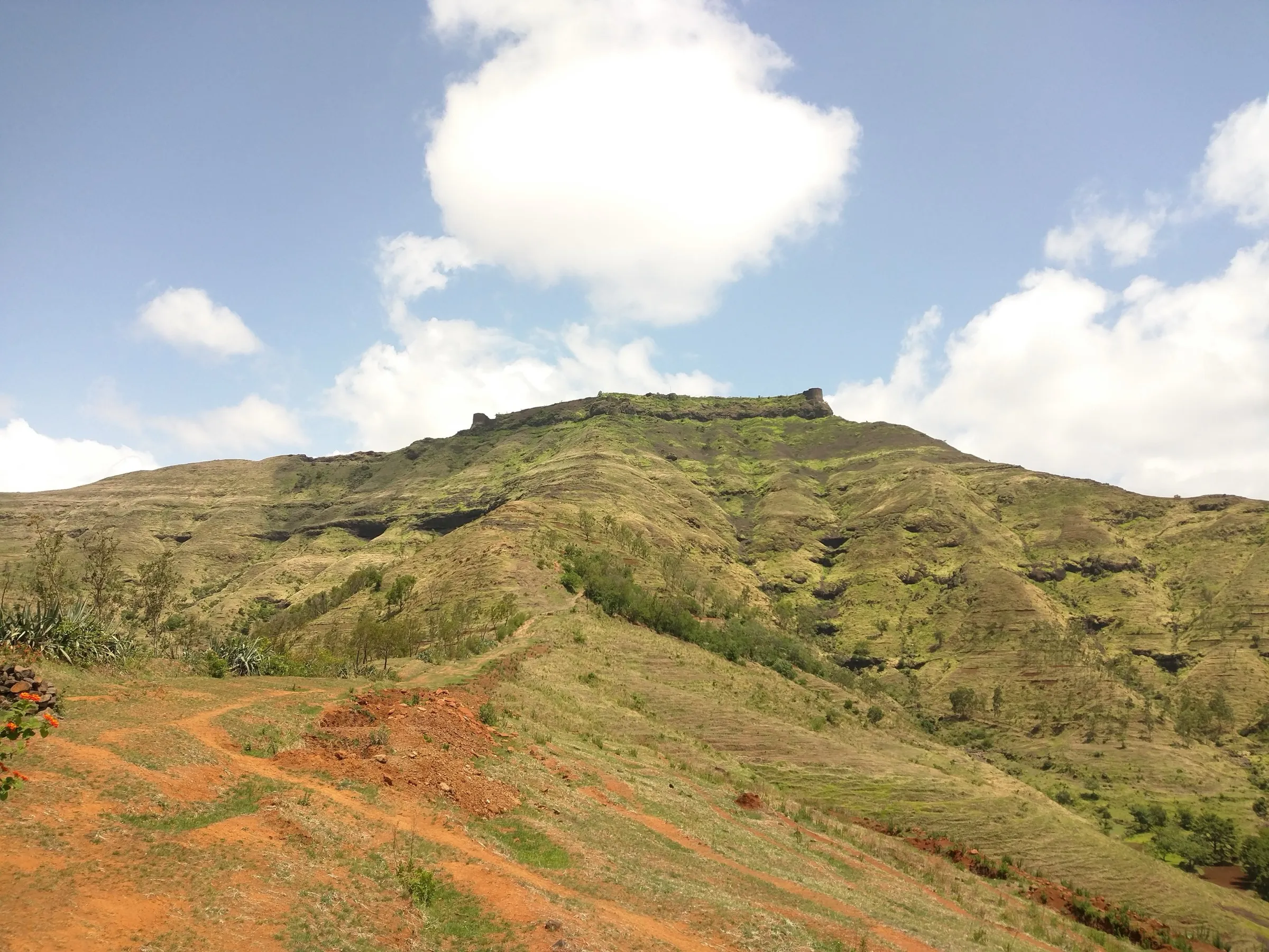 Rohida fort's flat, walled top on a grassy hill seen from the red-earth trail below under white clouds
