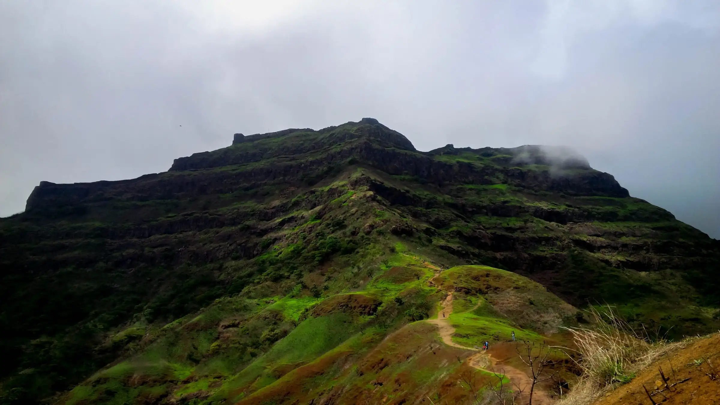 The long flat-topped ridge of Torna Fort under monsoon cloud, with a dirt trail climbing a green spur towards it