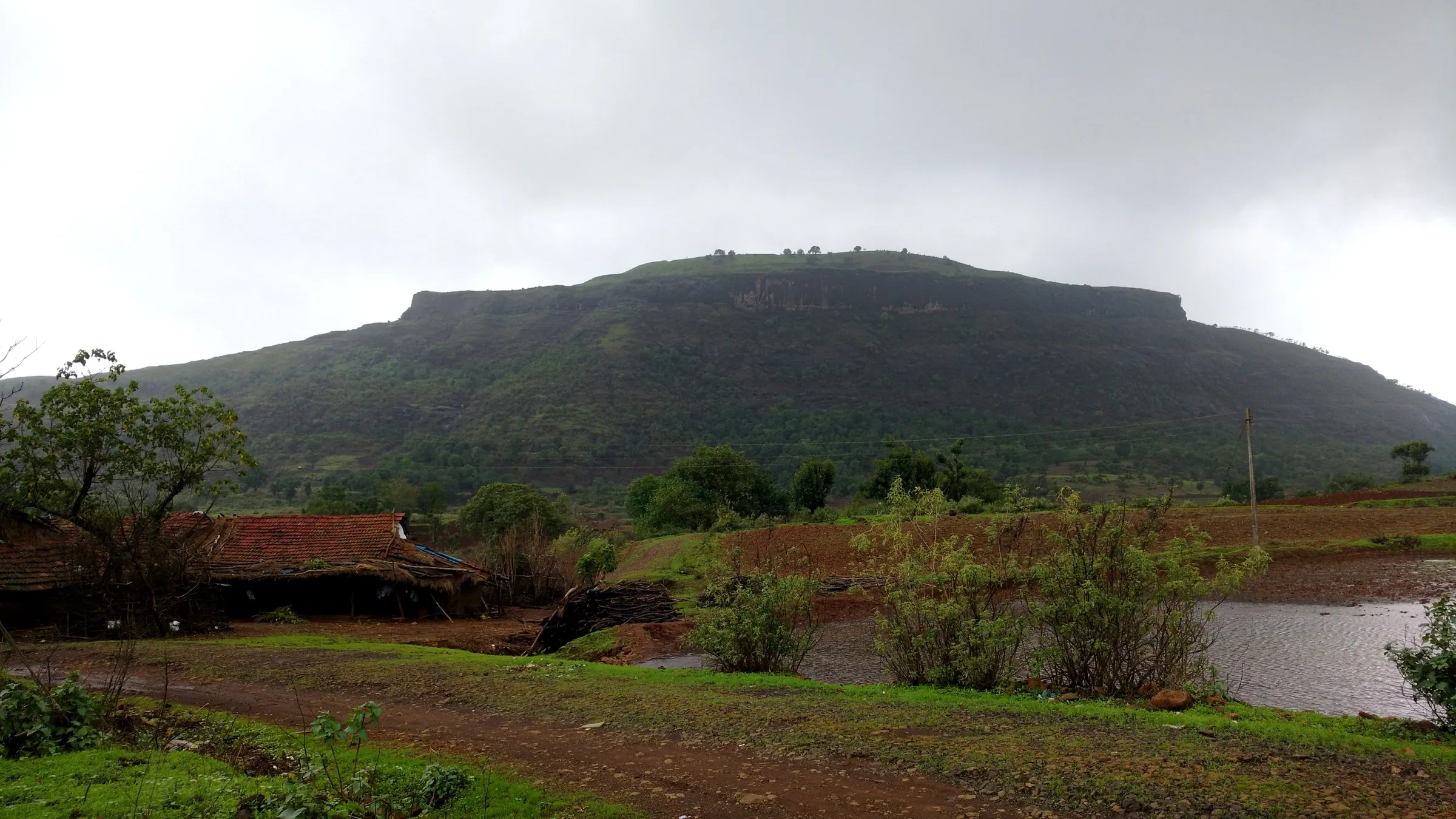 The flat-topped hill of Tringalwadi Fort under monsoon cloud, seen across fields and a village house