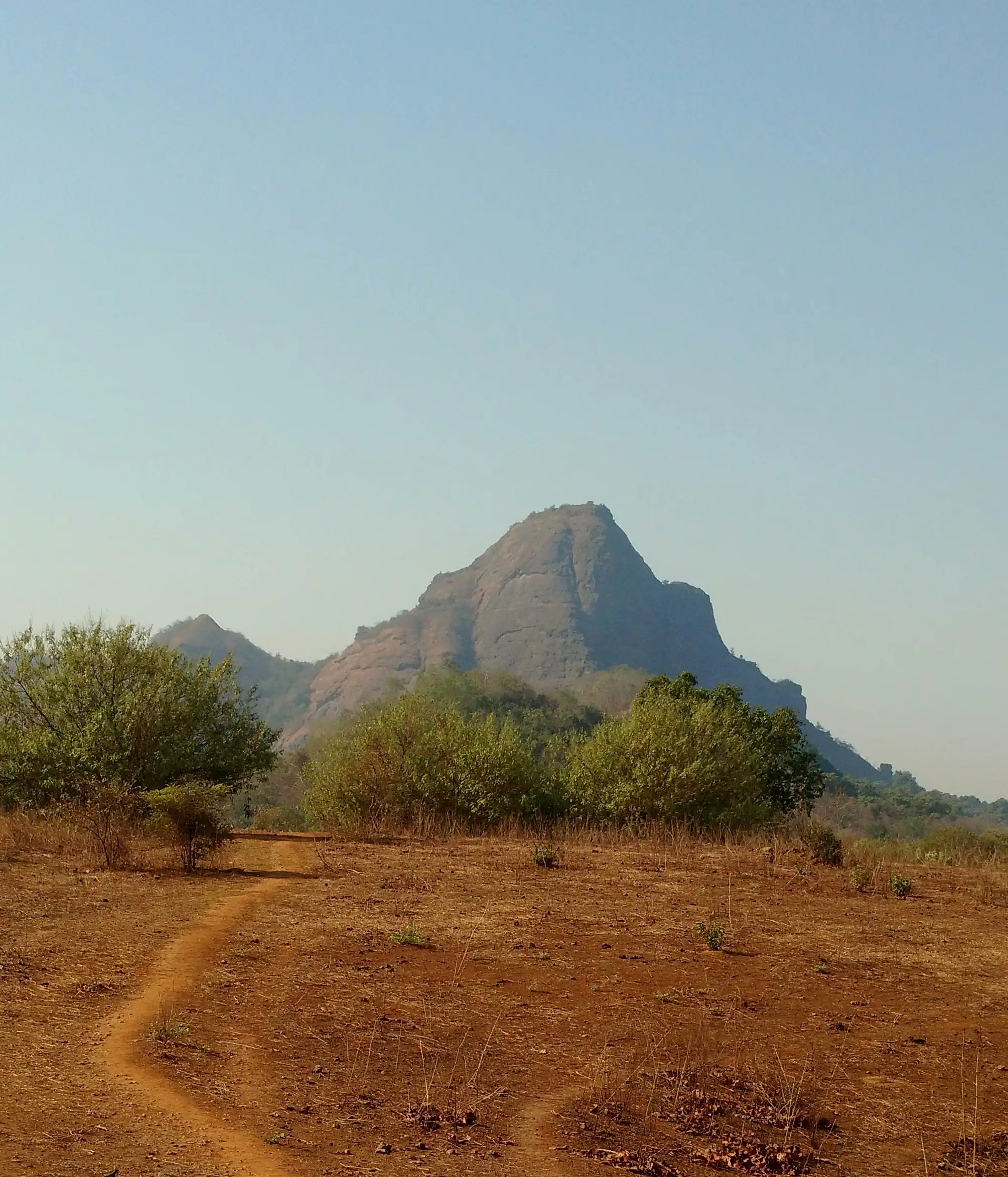 Manikgad's rocky summit rising above dry scrub, seen from a dirt path near Katkarwadi