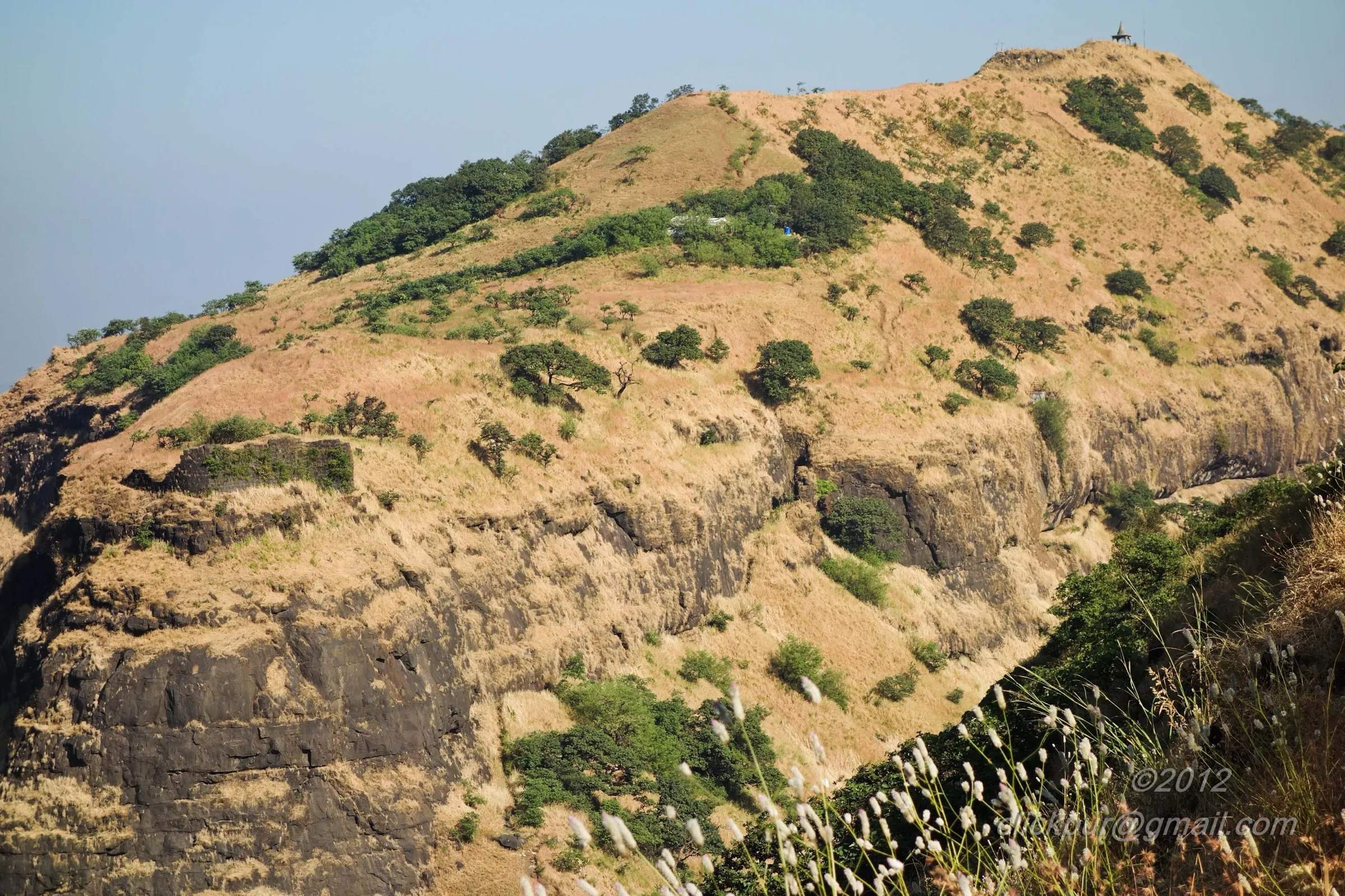 Grassy, cliff-banded slope of Peb Fort with a small temple flag on the summit, seen from the Matheran side in November