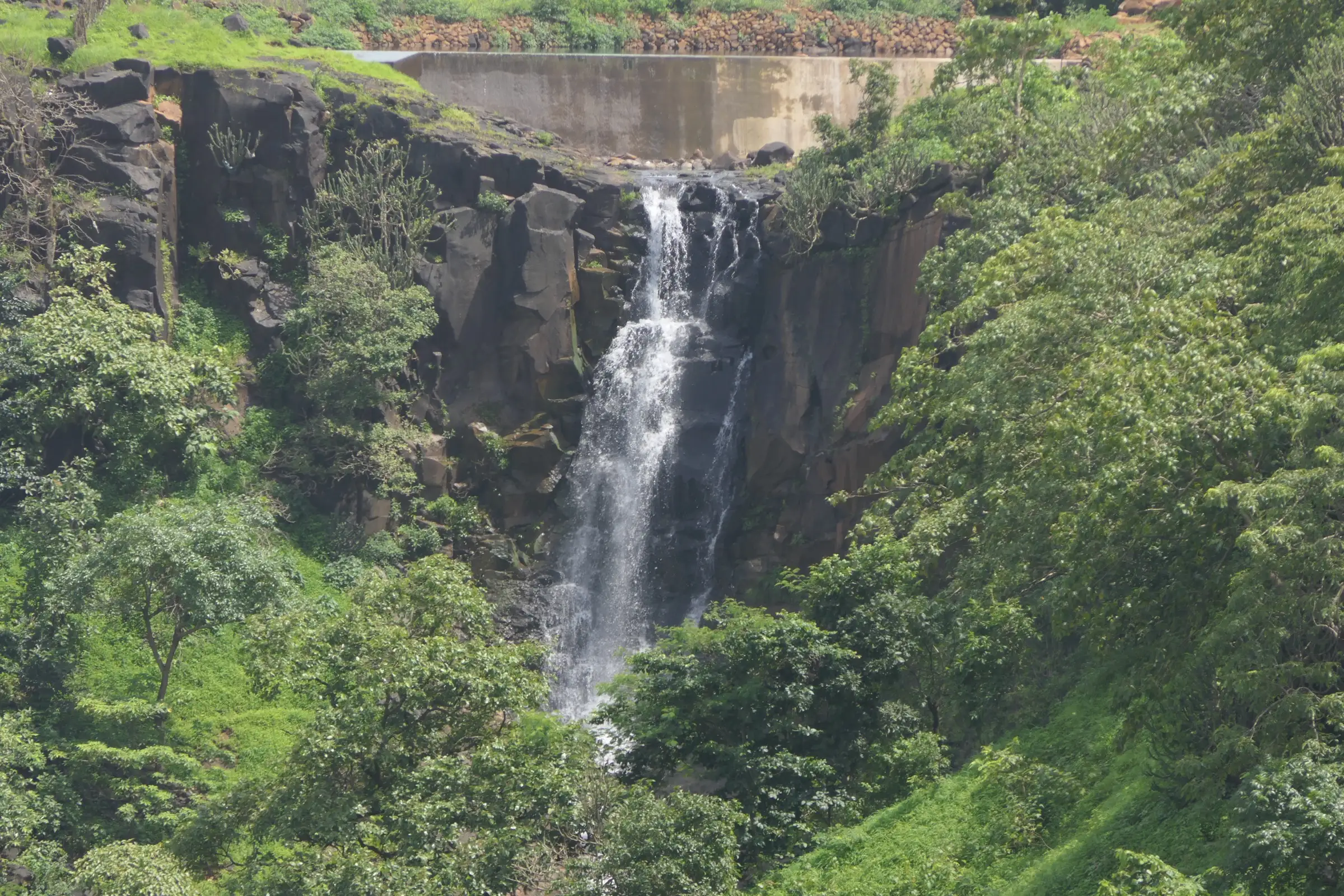 Garadwadi Waterfall in Jawhar taluka, a nearby fall in the same hills; this photo does not show Domzira Waterfall