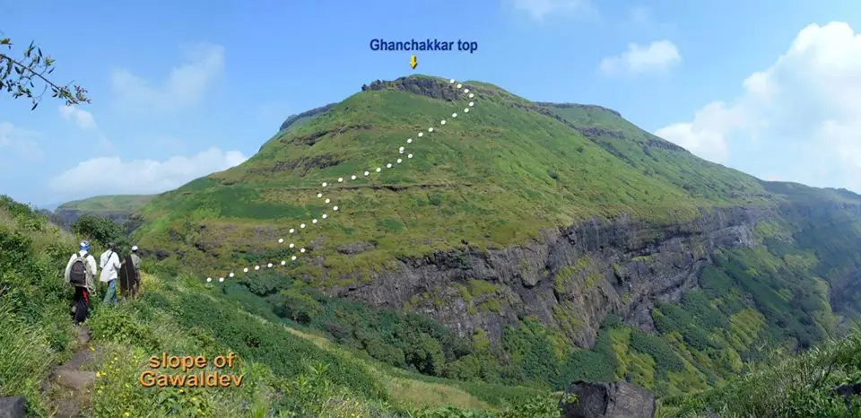Green slopes and cliffs of Ghanchakkar with a dotted line marking the route to its top, seen by trekkers on the slope of neighbouring Gawaldev