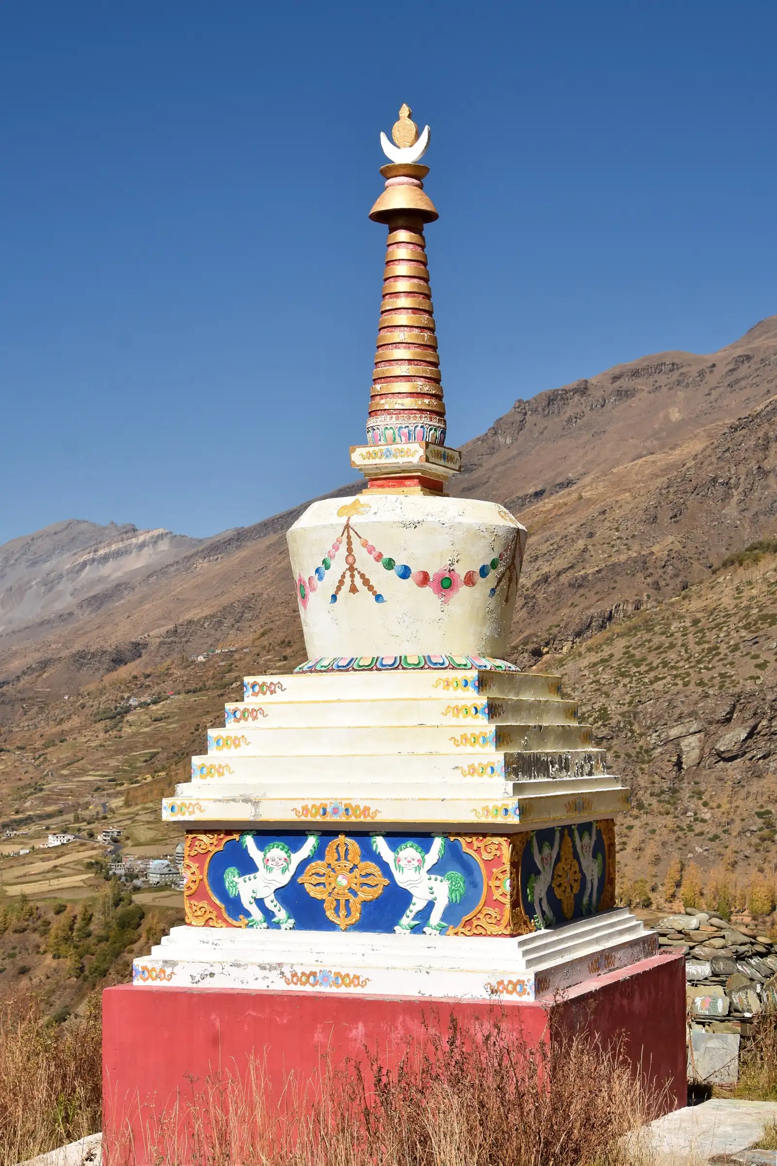 White stupa at Ghepan Monastery in Sissu village, near the start of the trek