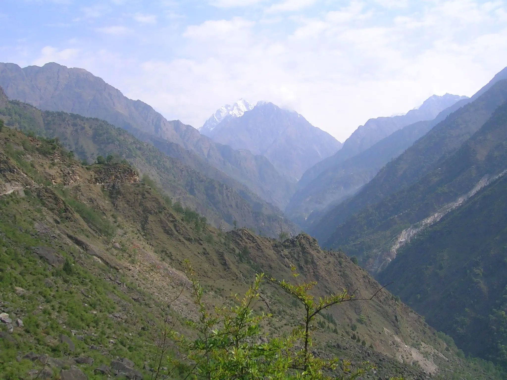 The deep green Gori Ganga valley north of Munsiyari, with a snow-tipped peak rising at its head