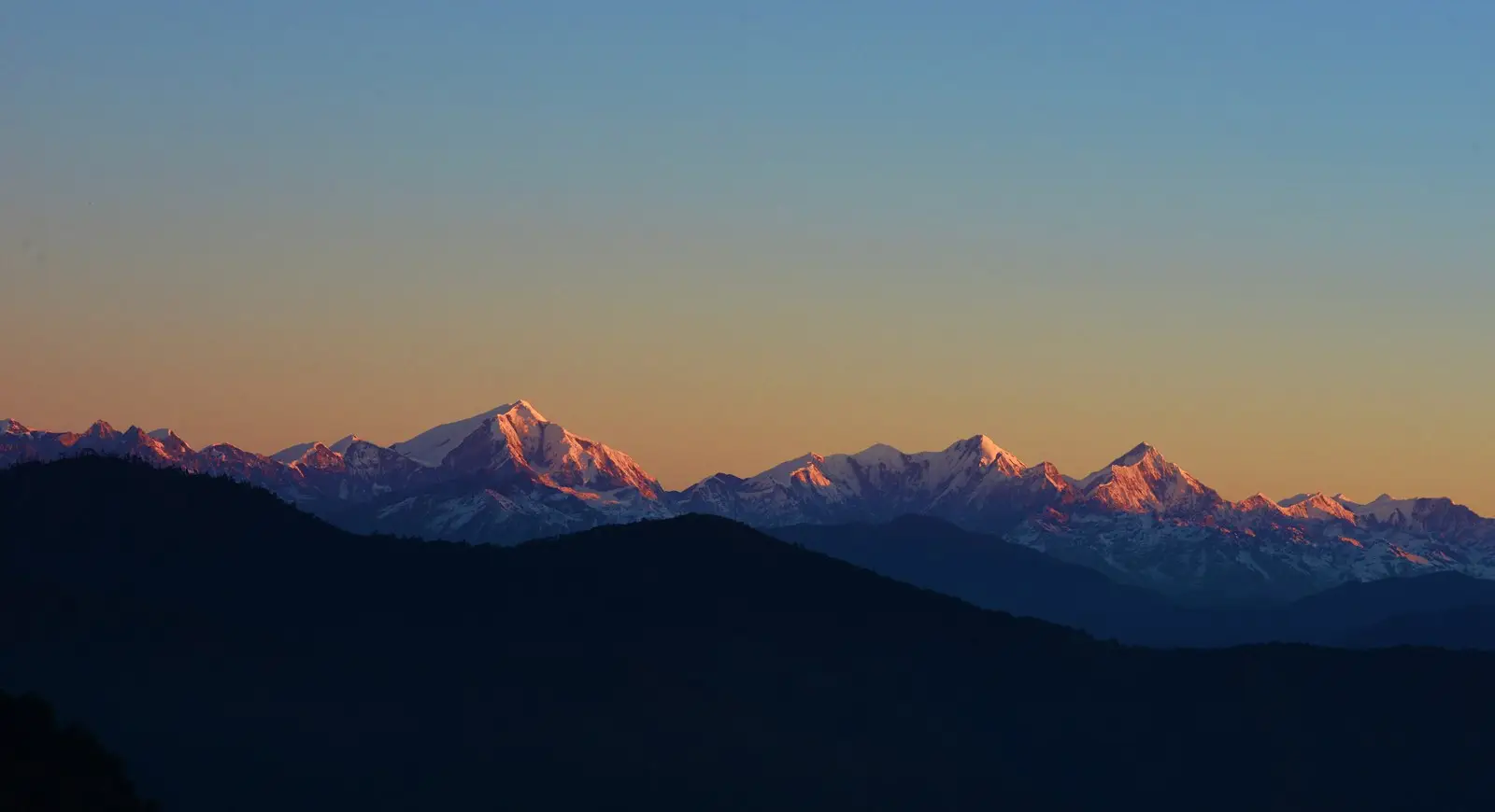 Snow peaks of the Gori Chen range glowing pink at sunrise above dark forested ridges in Arunachal Pradesh