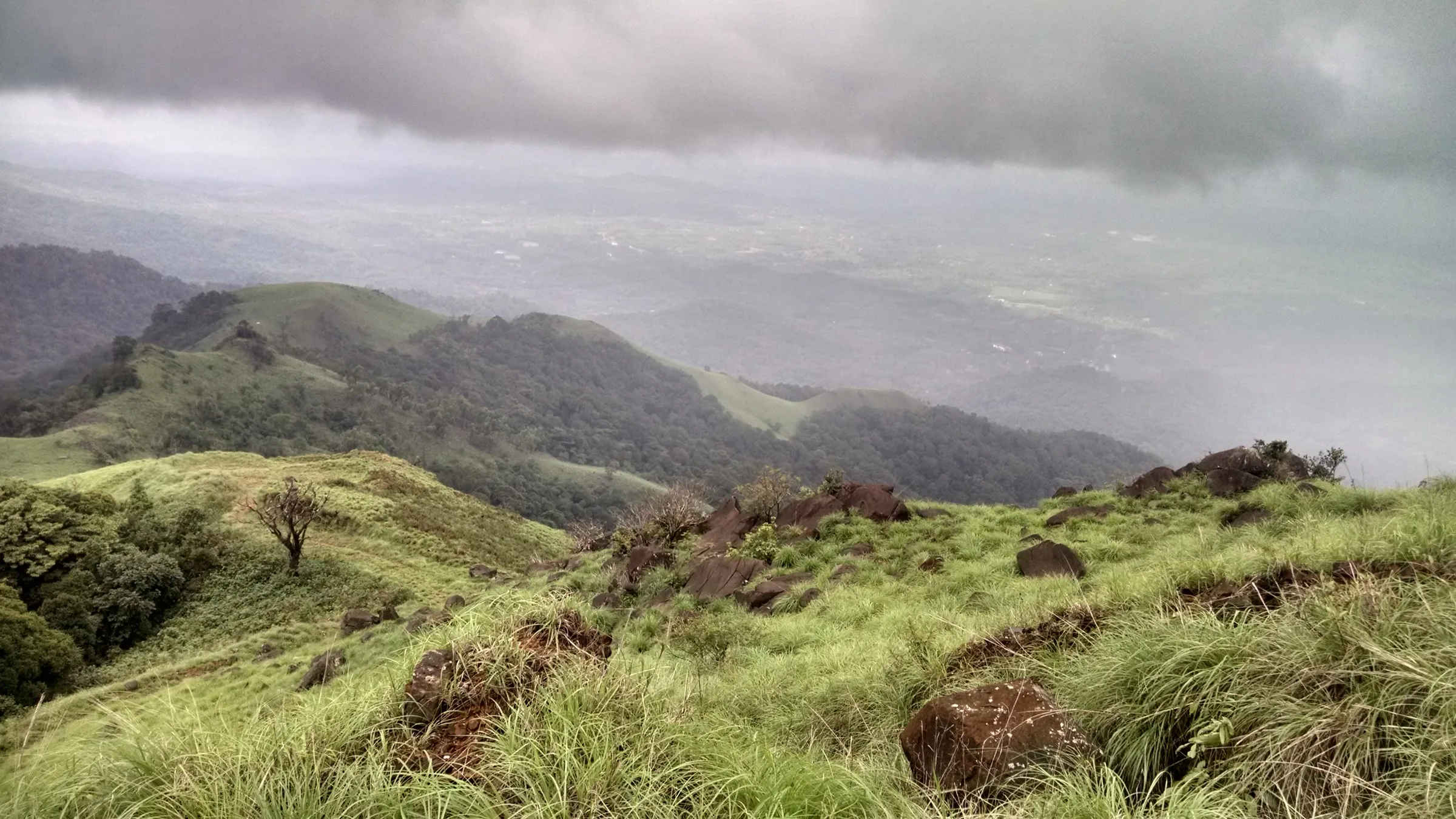 Grassy, boulder-strewn ridge on the Kurinjal trail with green hills and the plains below under monsoon cloud