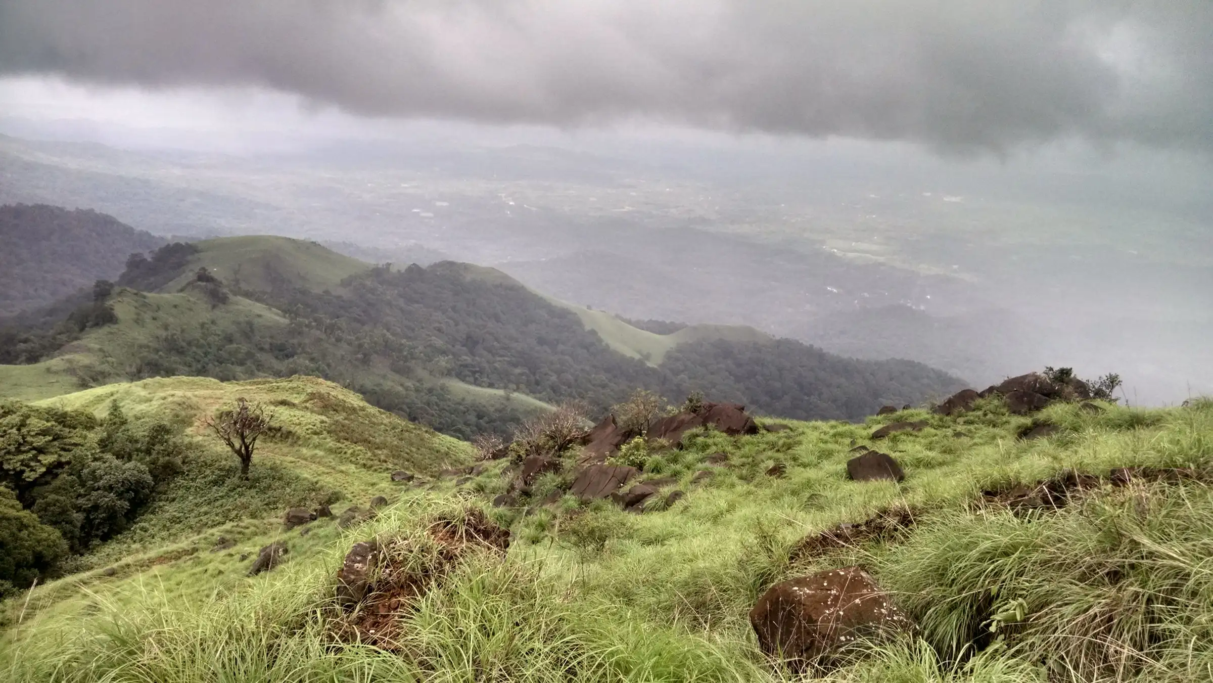 Grassy, boulder-strewn ridge on the Kurinjal trail with green hills and the plains below under monsoon cloud