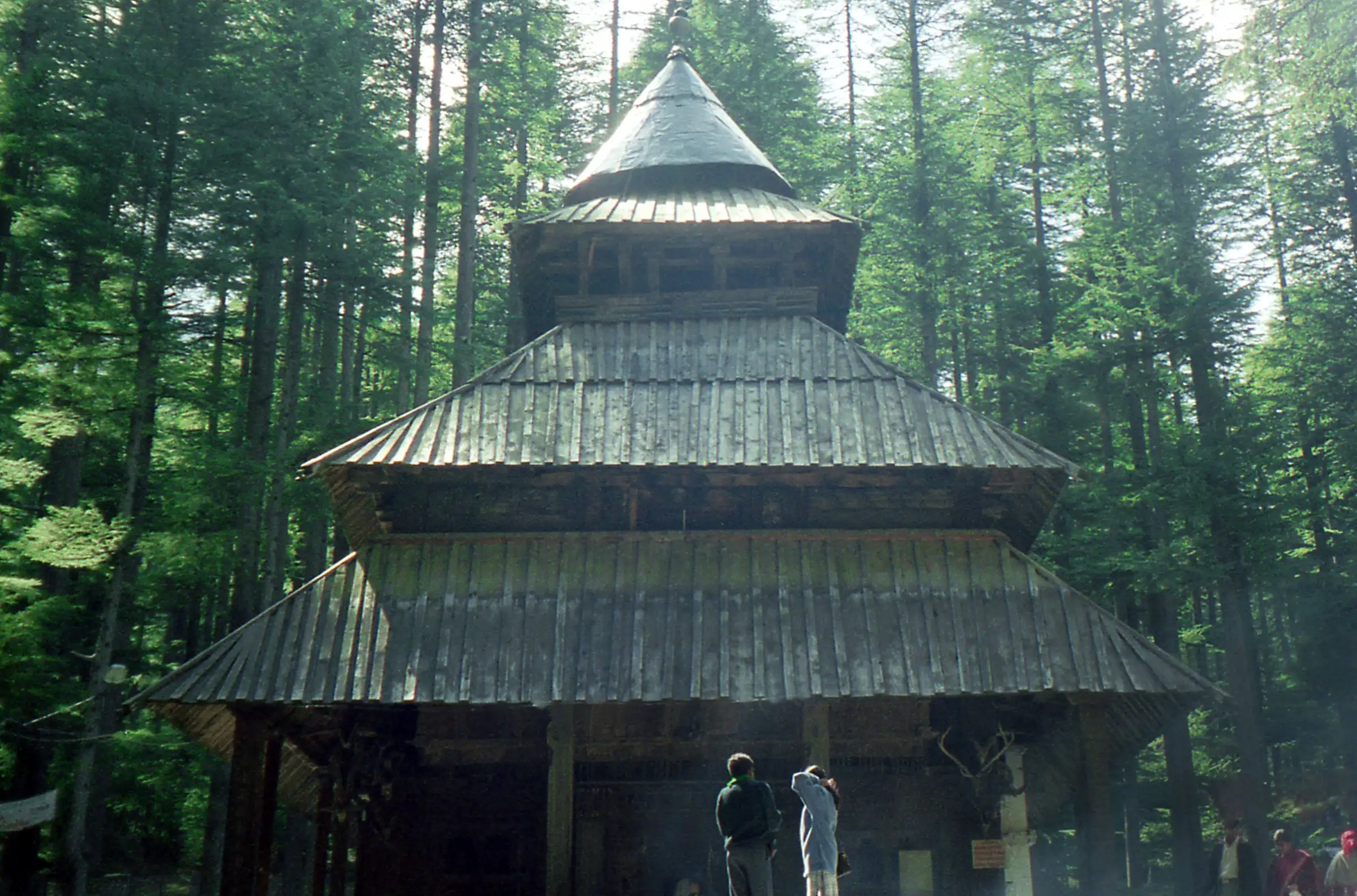 The wooden Hadimba Devi temple among deodar trees in Manali; the trail climbs the forest behind this temple