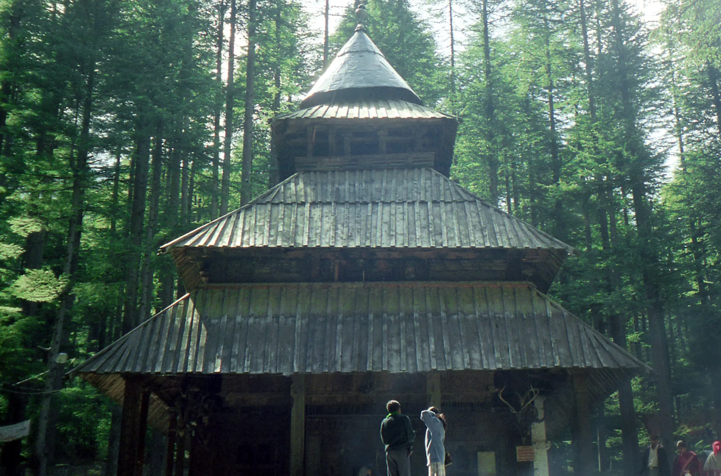 The wooden Hadimba Devi temple among deodar trees in Manali; the trail climbs the forest behind this temple