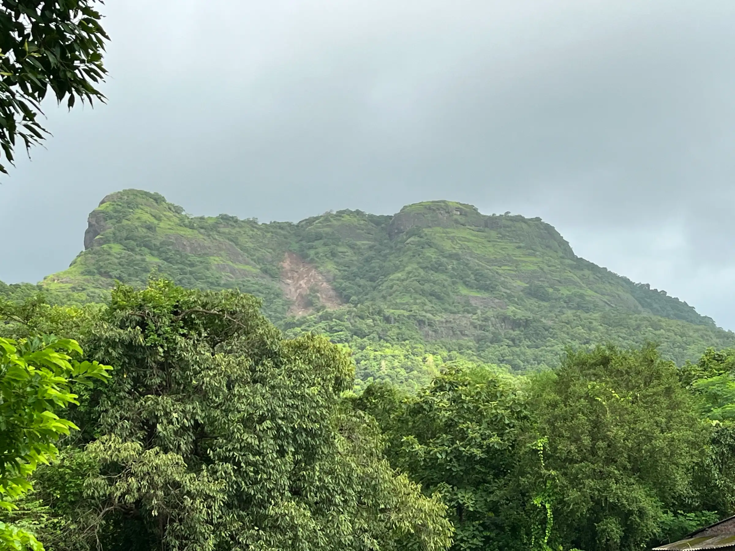 The green ridge of Tandulwadi hill under monsoon clouds, at the southern end of the Palghar hill range that Asawa Fort closes to the north; not a photo of Asawa Fort
