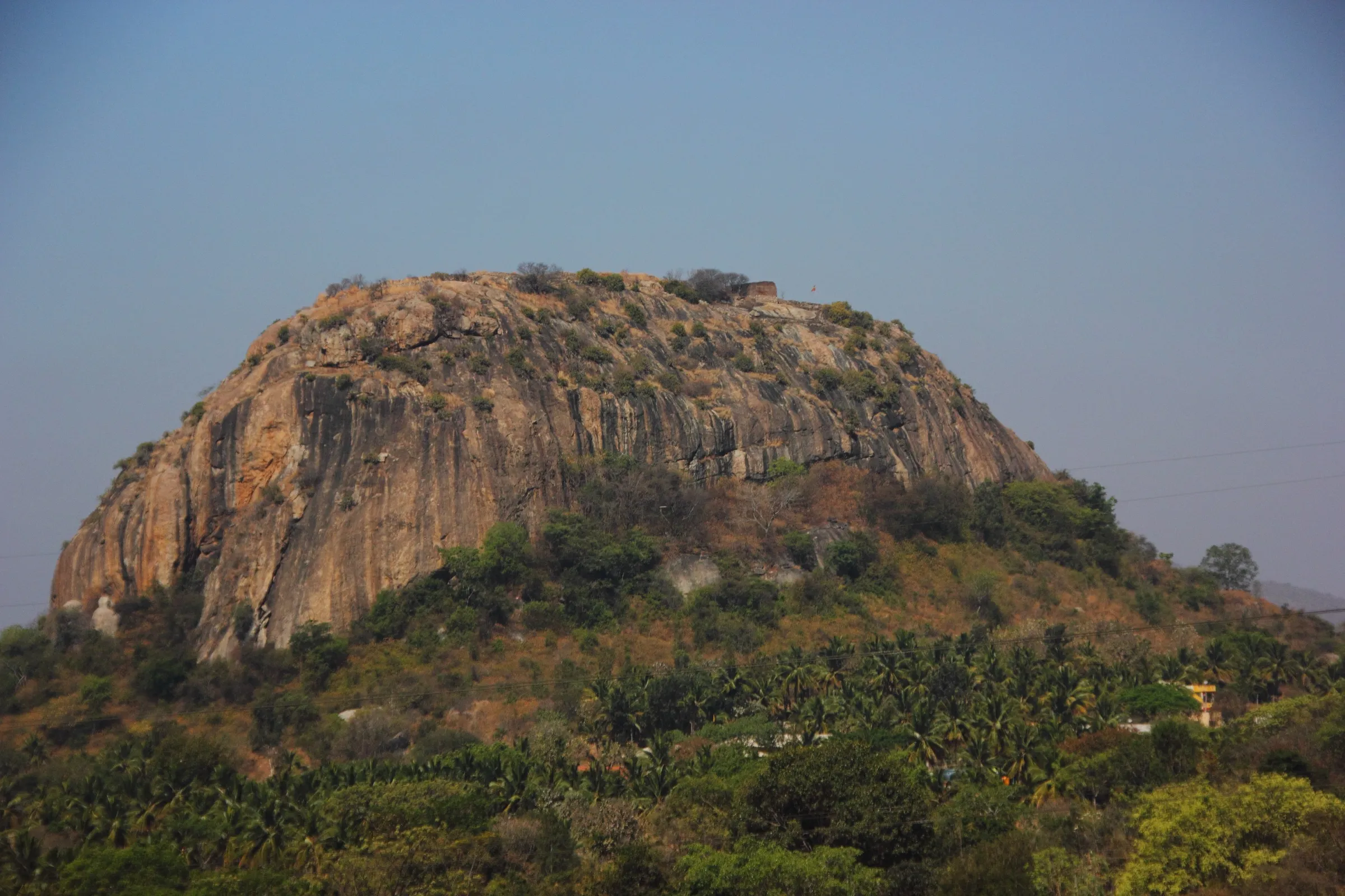 The bare granite dome of Huliyurdurga hill seen from Hemagiri, with fort ruins on the top and coconut groves below