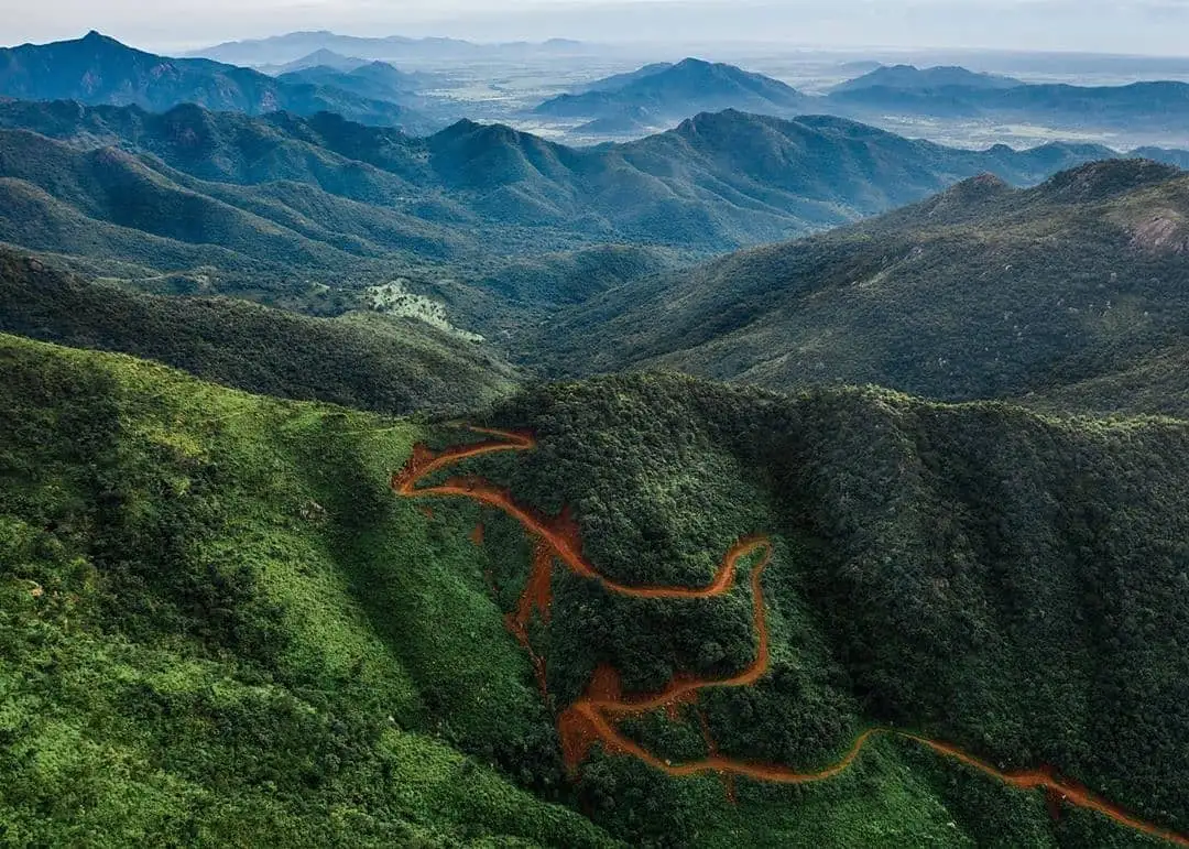 Aerial view of forested Mahendragiri hills with a red dirt road winding up the slope and Eastern Ghats ridges beyond