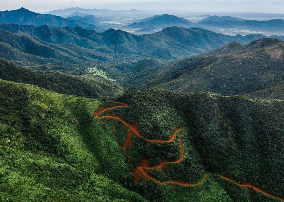 Aerial view of forested Mahendragiri hills with a red dirt road winding up the slope and Eastern Ghats ridges beyond