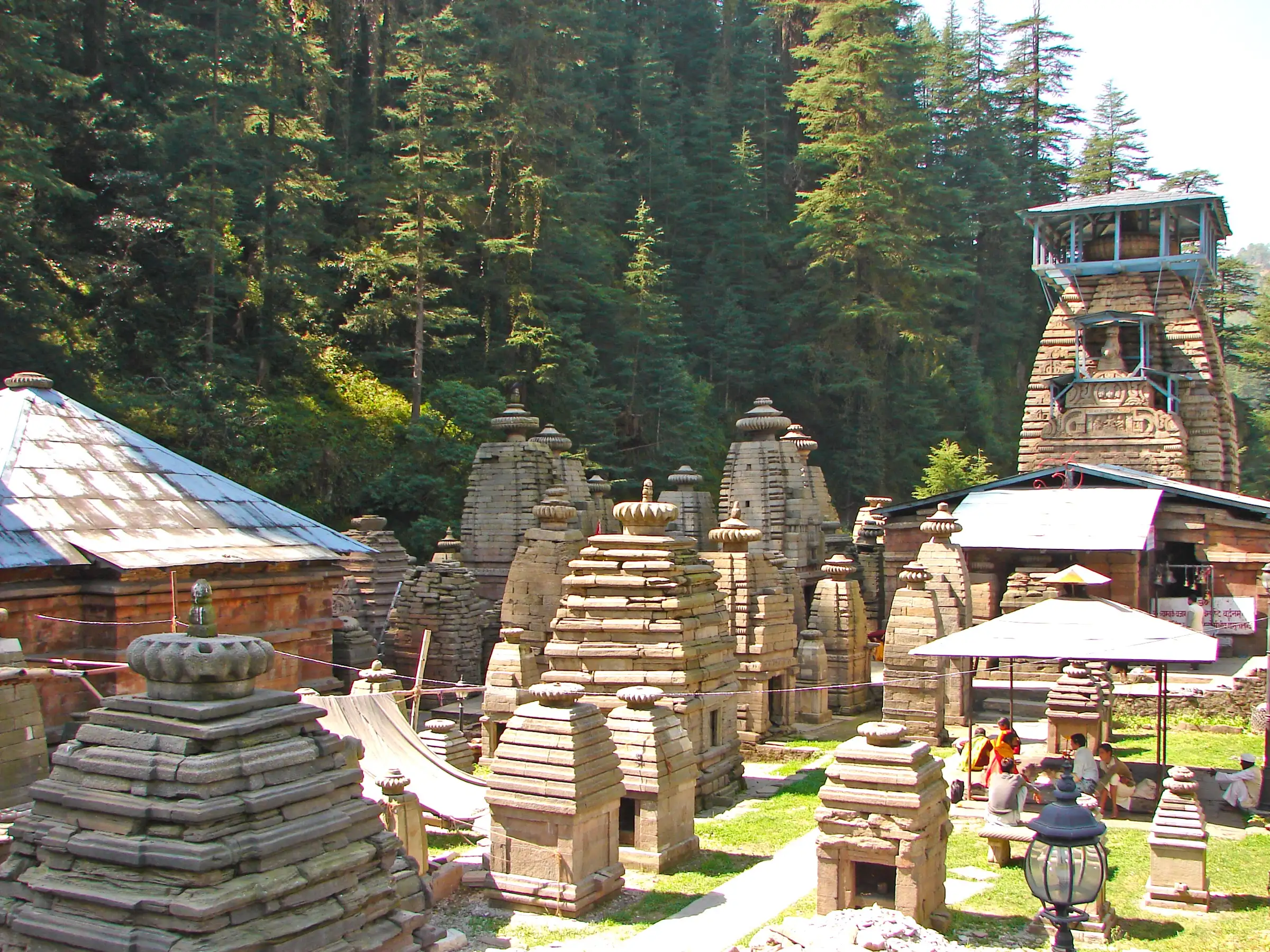 Cluster of stone Shiva temples at Jageshwar Dham beneath a deodar forest, the end point of the trek