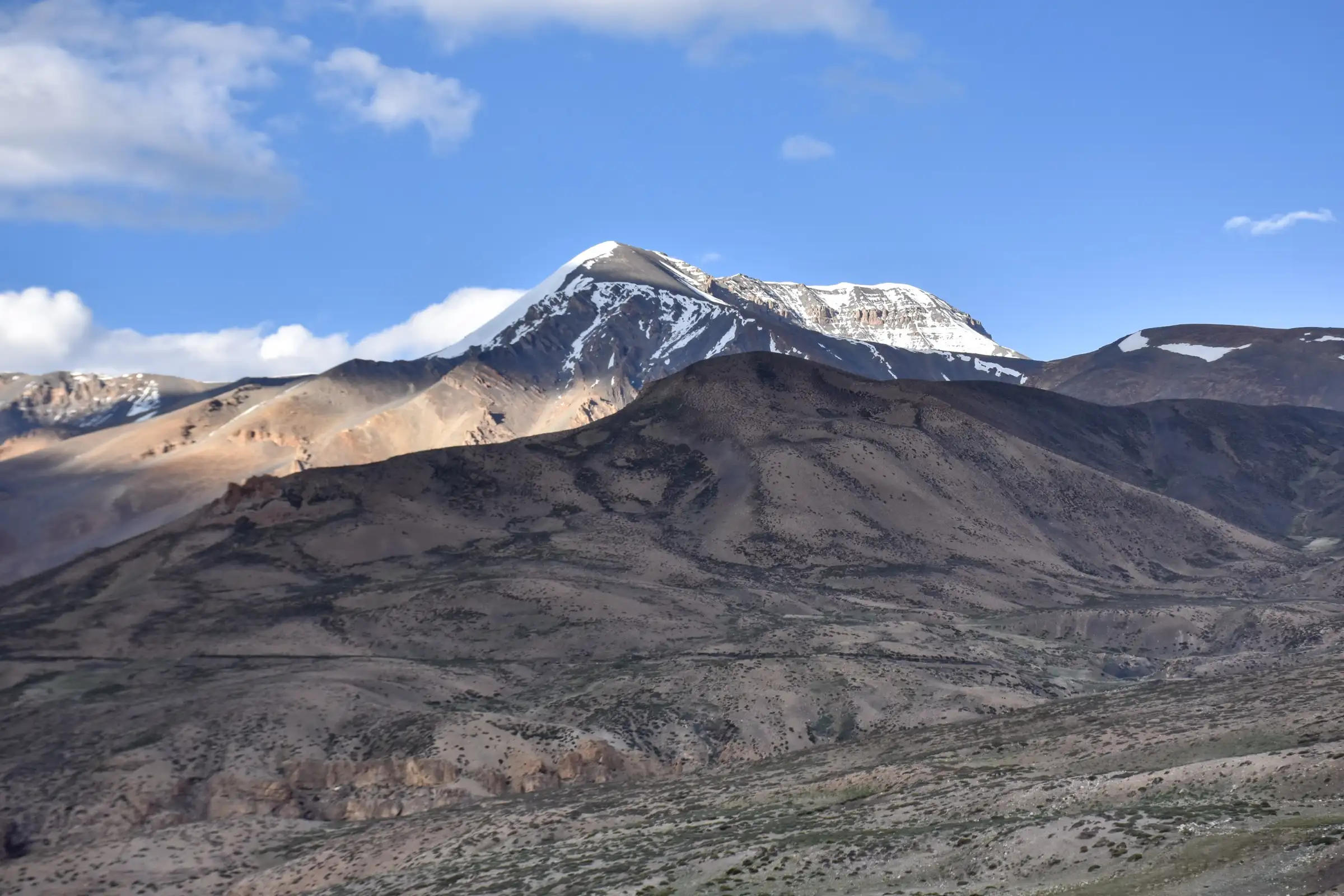 Kanamo West and Kanamo Peak seen from the south-west at about 4,400 m inside Kibber Wildlife Sanctuary, on the approach from Kibber