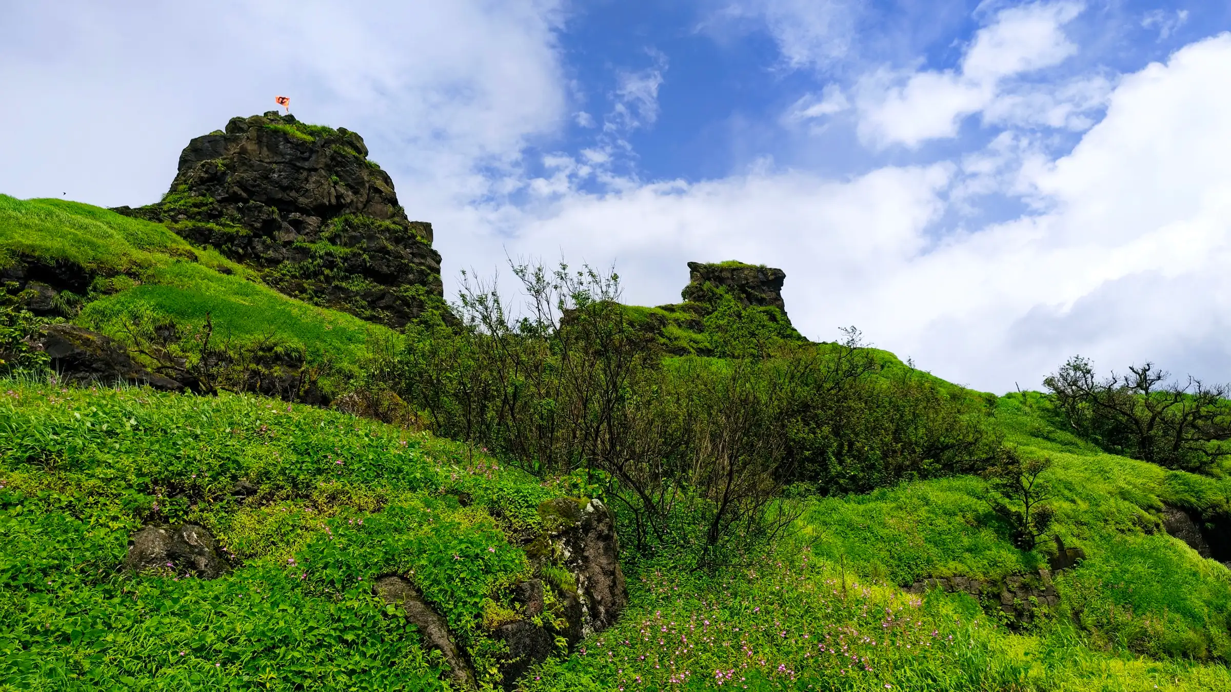 Rock outcrops with a saffron flag on the grassy top of Kohoj Fort in the monsoon