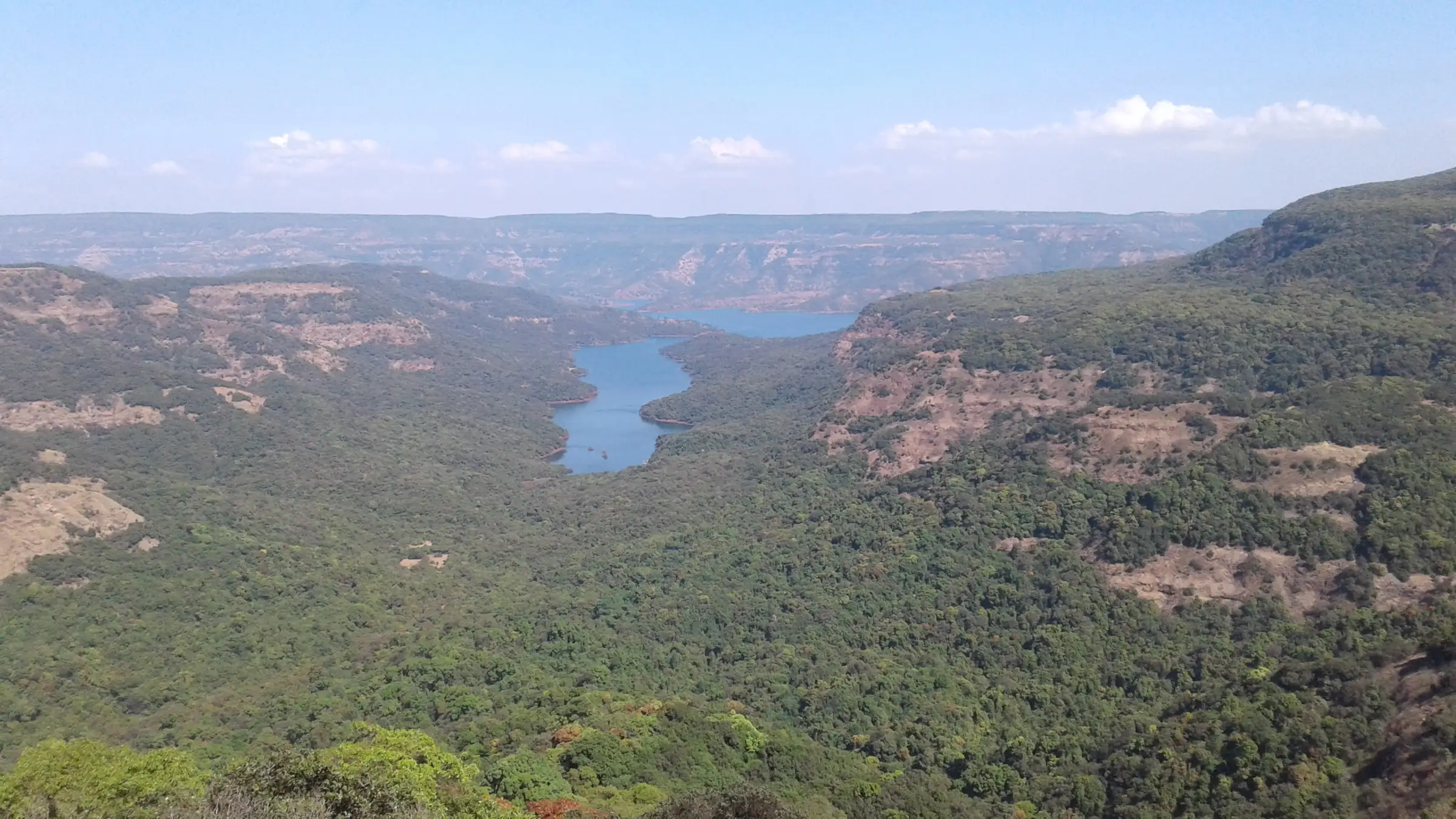 A forested valley and an arm of the Koyna reservoir seen from Vasota Fort