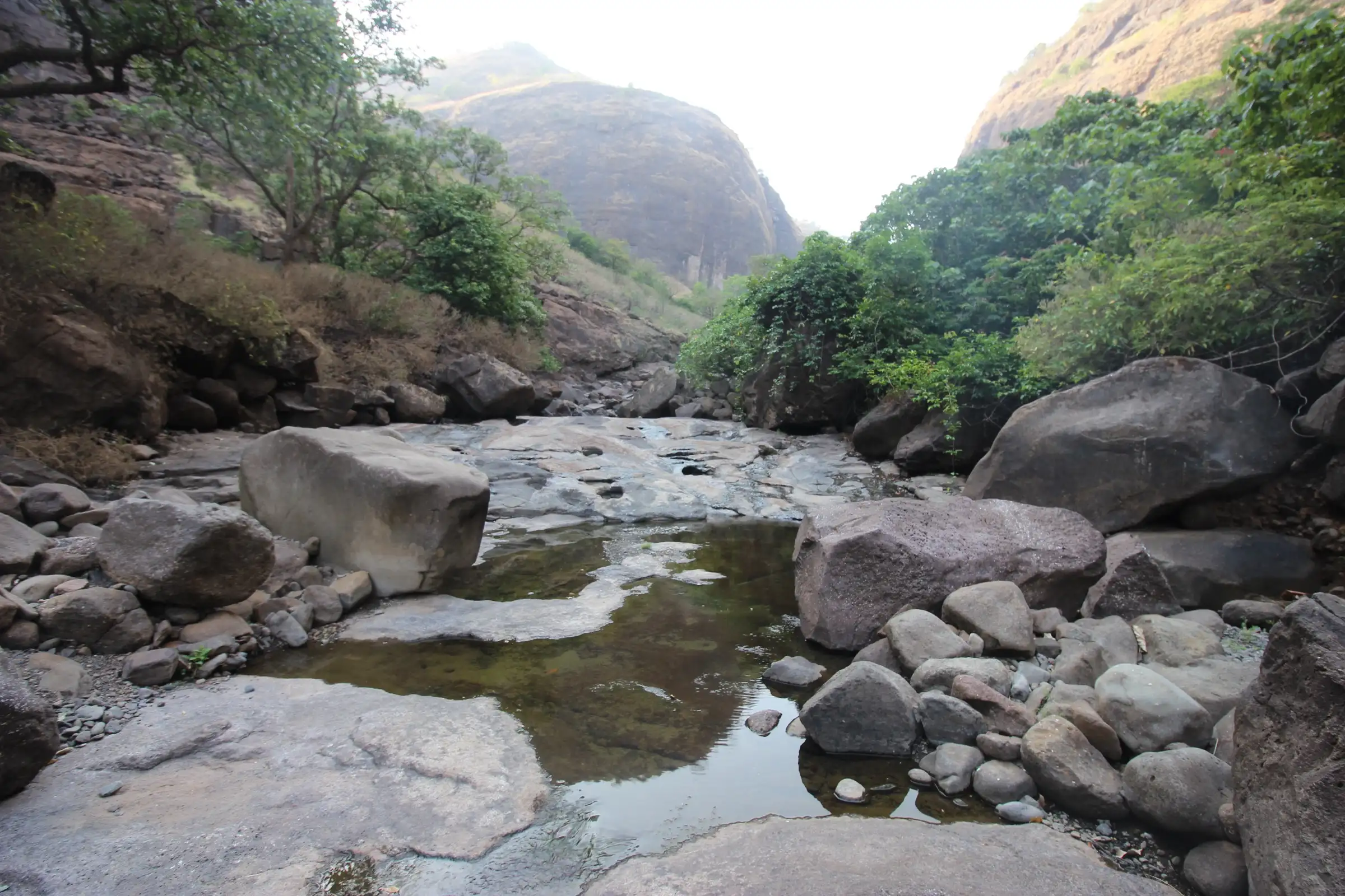 A still green pool among large grey boulders on the rocky stream bed in Plus Valley, with forested slopes and cliffs rising on both sides