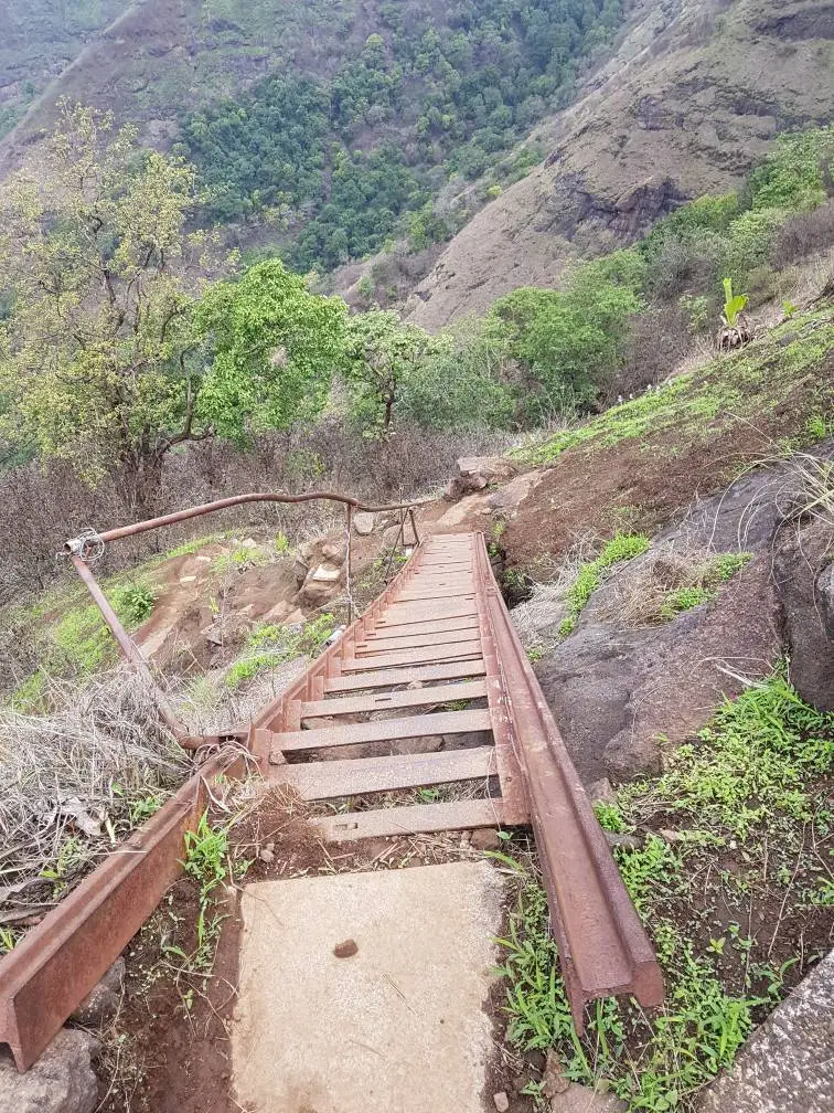 A steel ladder with a pipe handrail on the trail to Vikatgad, above a green forested valley