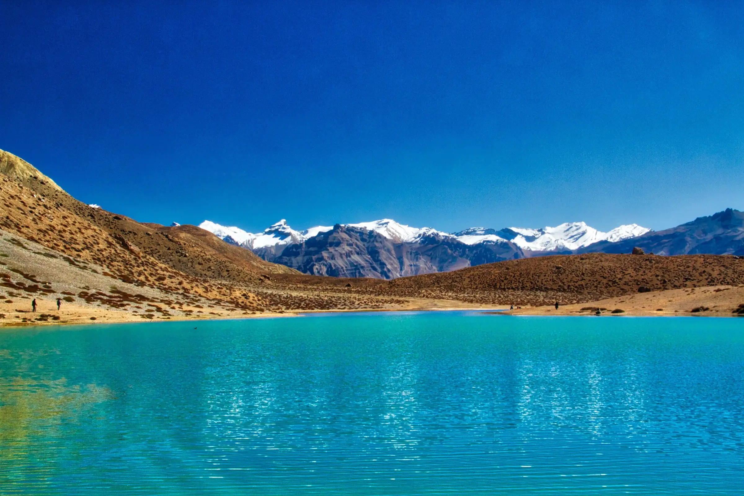 Turquoise Dhankar Lake under a deep blue sky with brown slopes and a line of snow peaks behind, a few walkers on the far shore