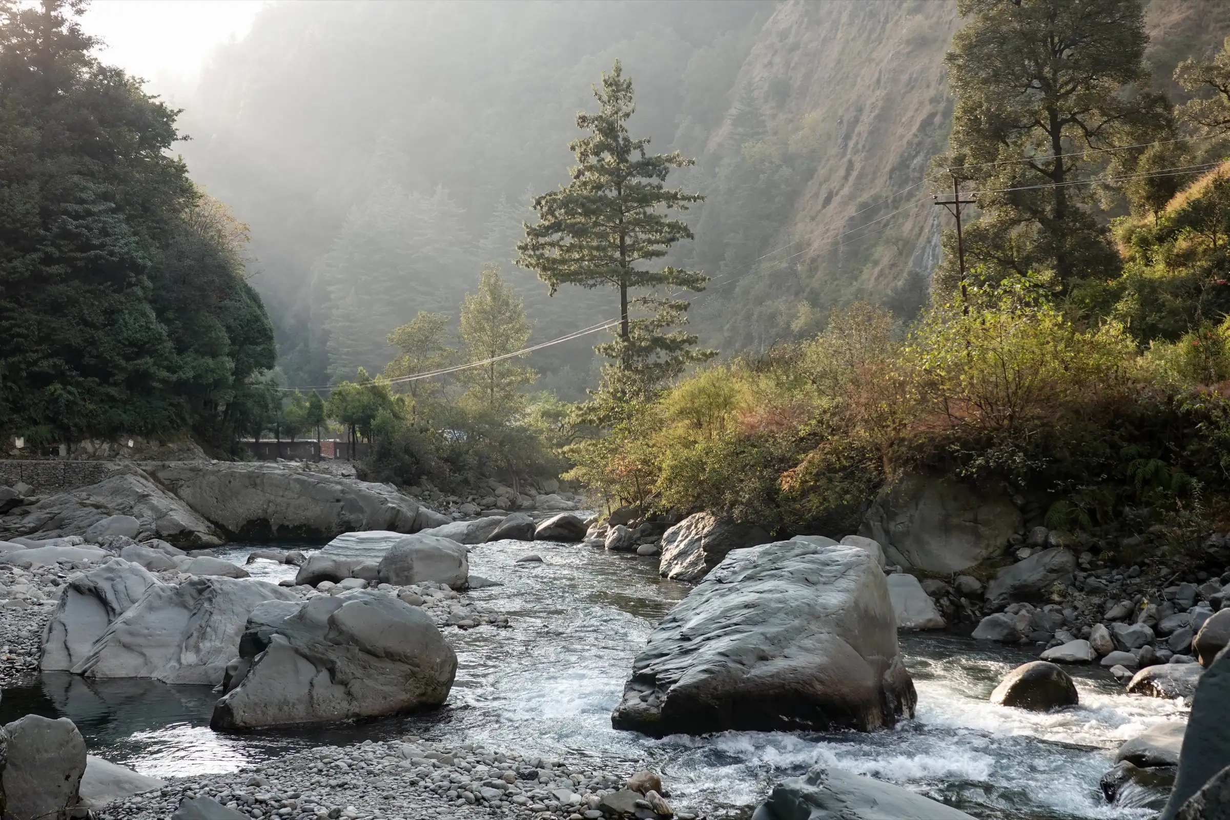 Lamba Dug stream among boulders and pine forest upstream of Barot, in the valley near the Sari Pass trek
