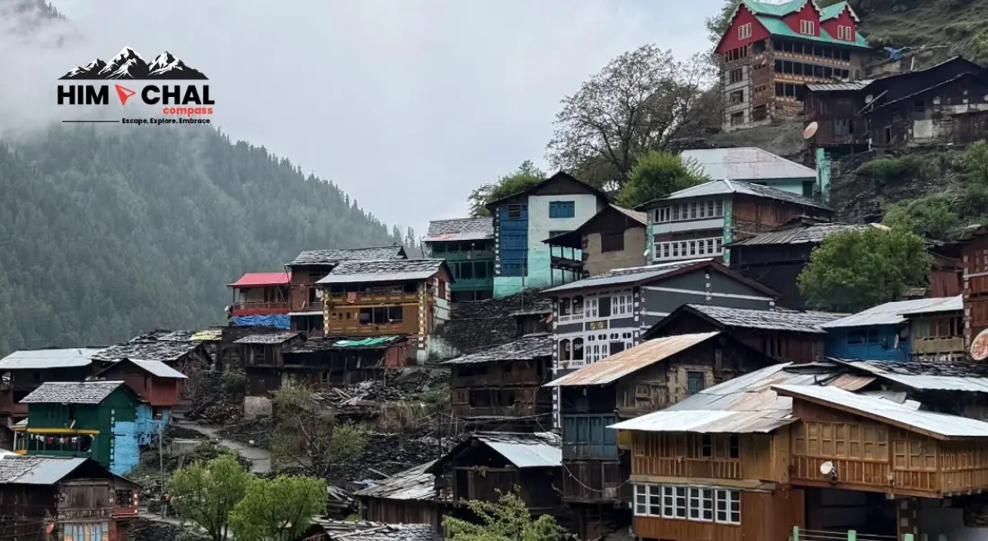 Wooden and stone houses of Lower Kugti village, Bharmour, on a misty hillside with pine forest behind; the first night's stop of the trek