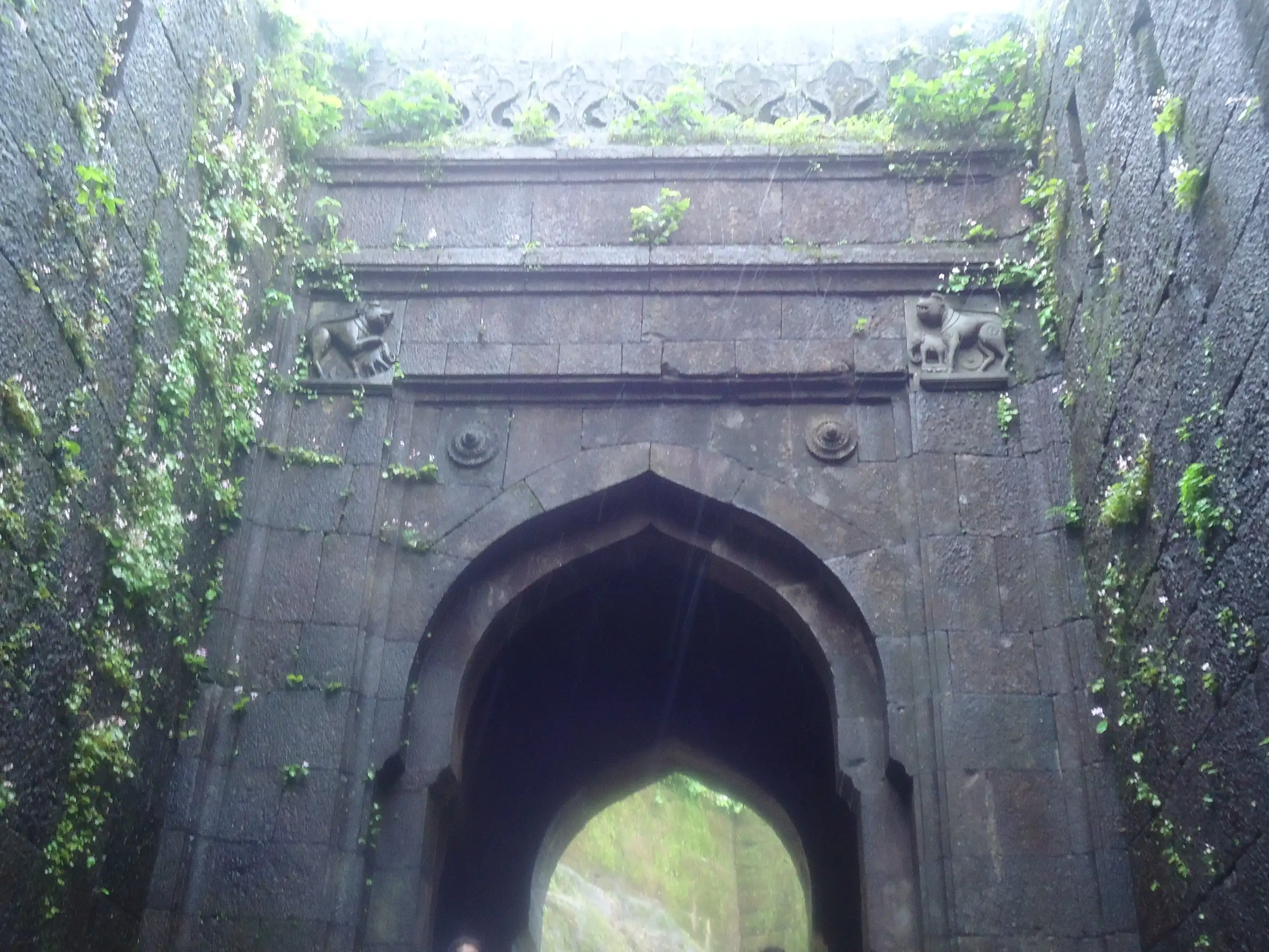 The arched stone Maha Darwaja of Raigad Fort in the rain, with carved lions above the gateway and ferns on the walls