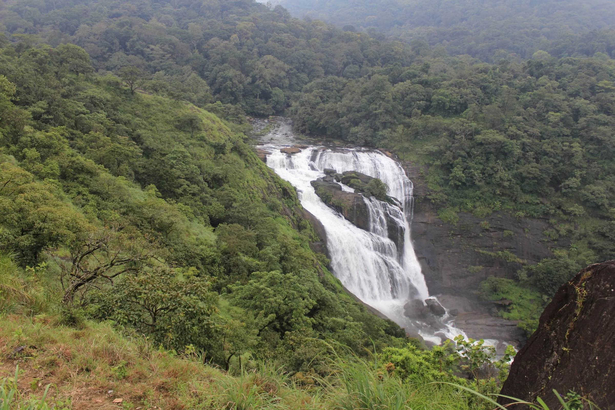 View of Mallalli Falls and the forested Pushpagiri hills near Kumaralli, close to the trek start (not the trek trail itself)