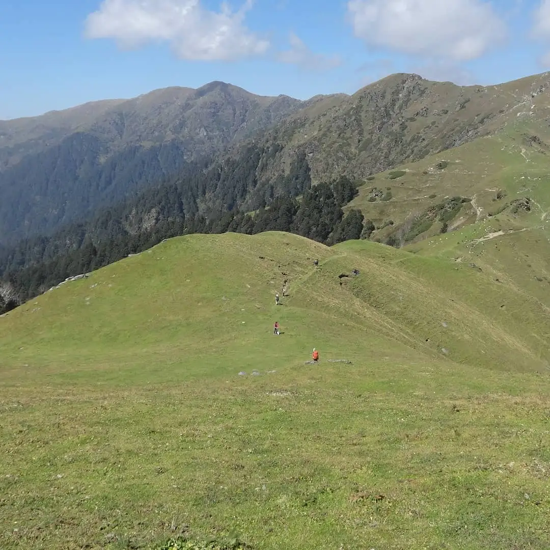 Trekkers walking down a broad green grassy ridge on Chainsheel Bugyal, with forested and rocky mountain slopes behind under a blue sky