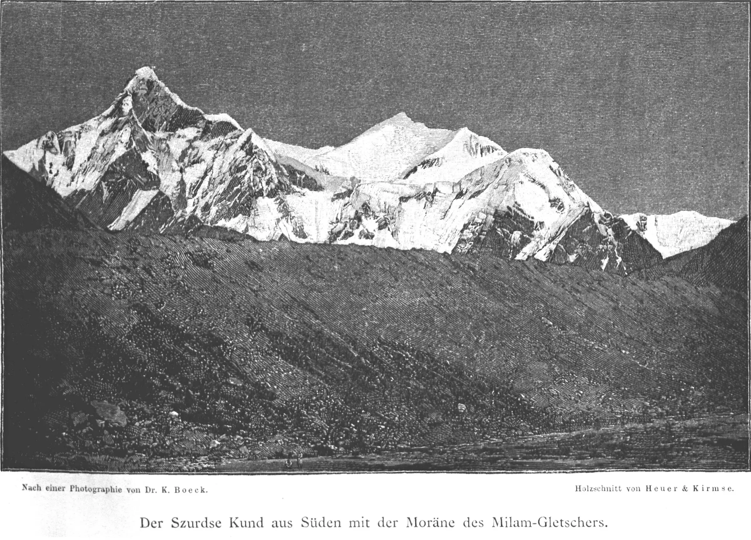 1891 engraving of Hardeol and Tirsuli peaks rising above the moraine of the Milam Glacier