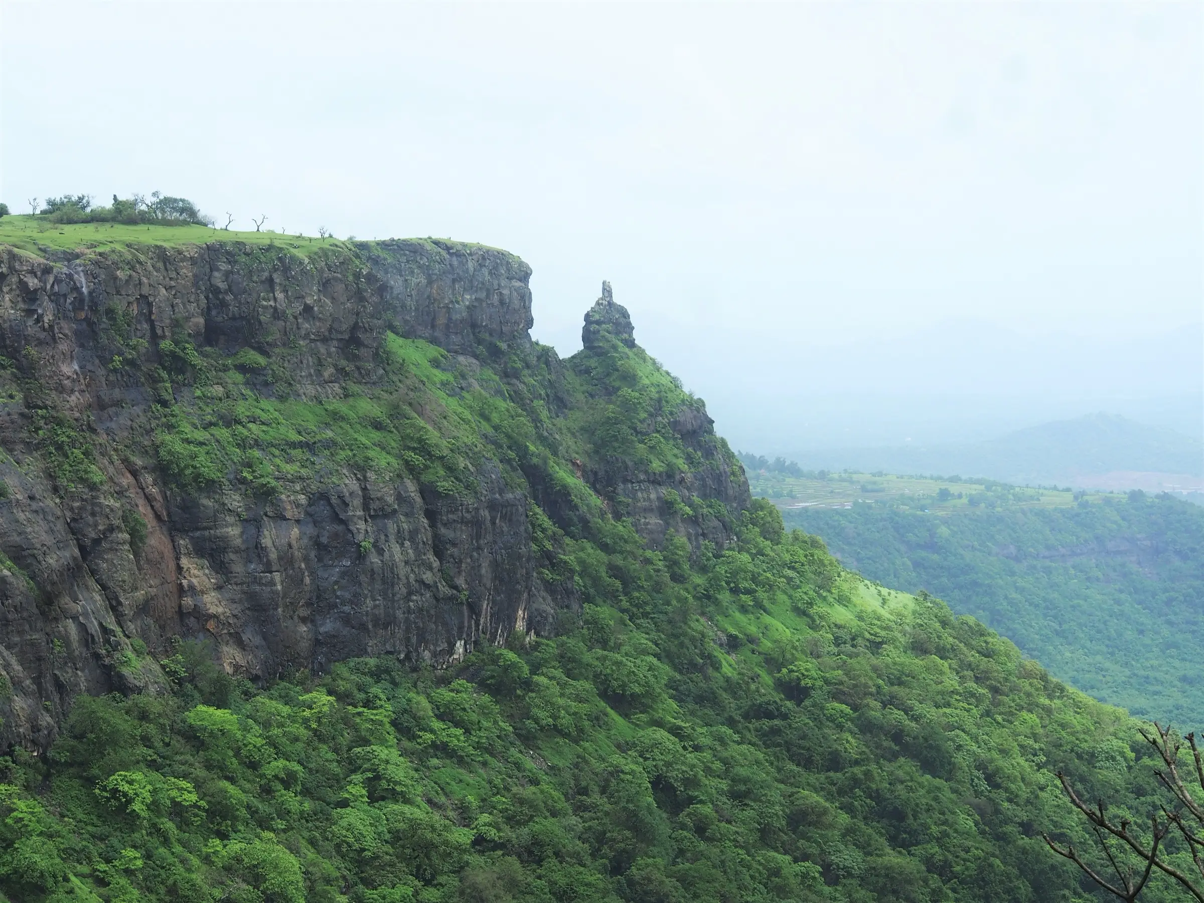 Sheer basalt cliff of Sagargad with the Vanartok (Monkey Point) pinnacle above forested monsoon slopes